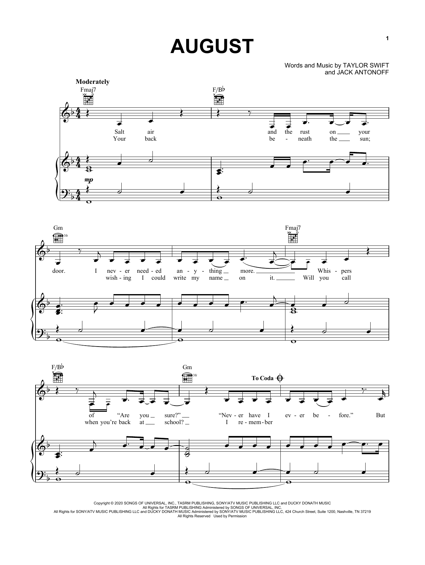 Download Taylor Swift august Sheet Music and learn how to play Easy Piano PDF digital score in minutes