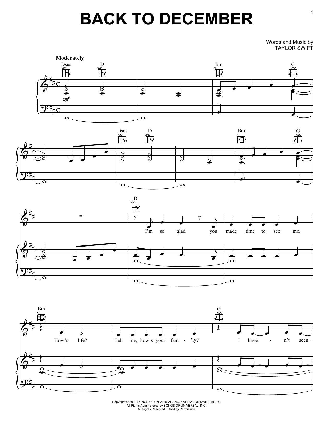 Download Taylor Swift Back To December Sheet Music and learn how to play Really Easy Piano PDF digital score in minutes