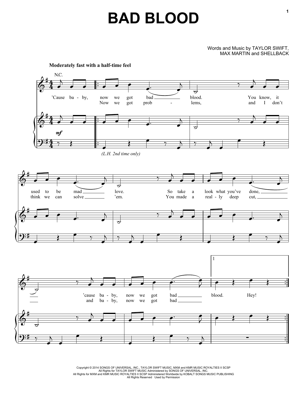Download Taylor Swift Bad Blood Sheet Music and learn how to play Really Easy Piano PDF digital score in minutes