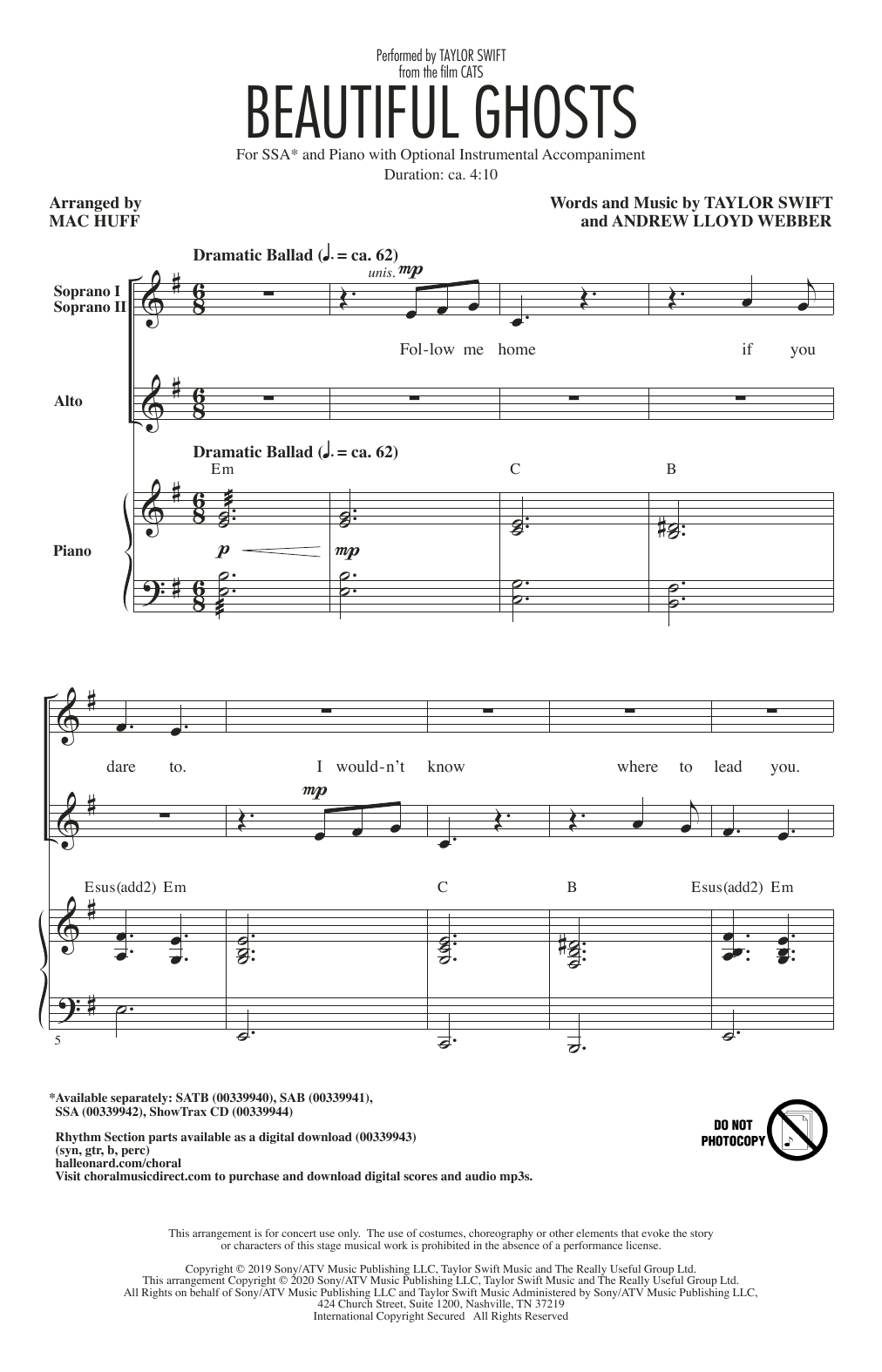 Download Taylor Swift Beautiful Ghosts (from the Motion Picture Cats) (arr. Mac Huff) Sheet Music and learn how to play SSA Choir PDF digital score in minutes