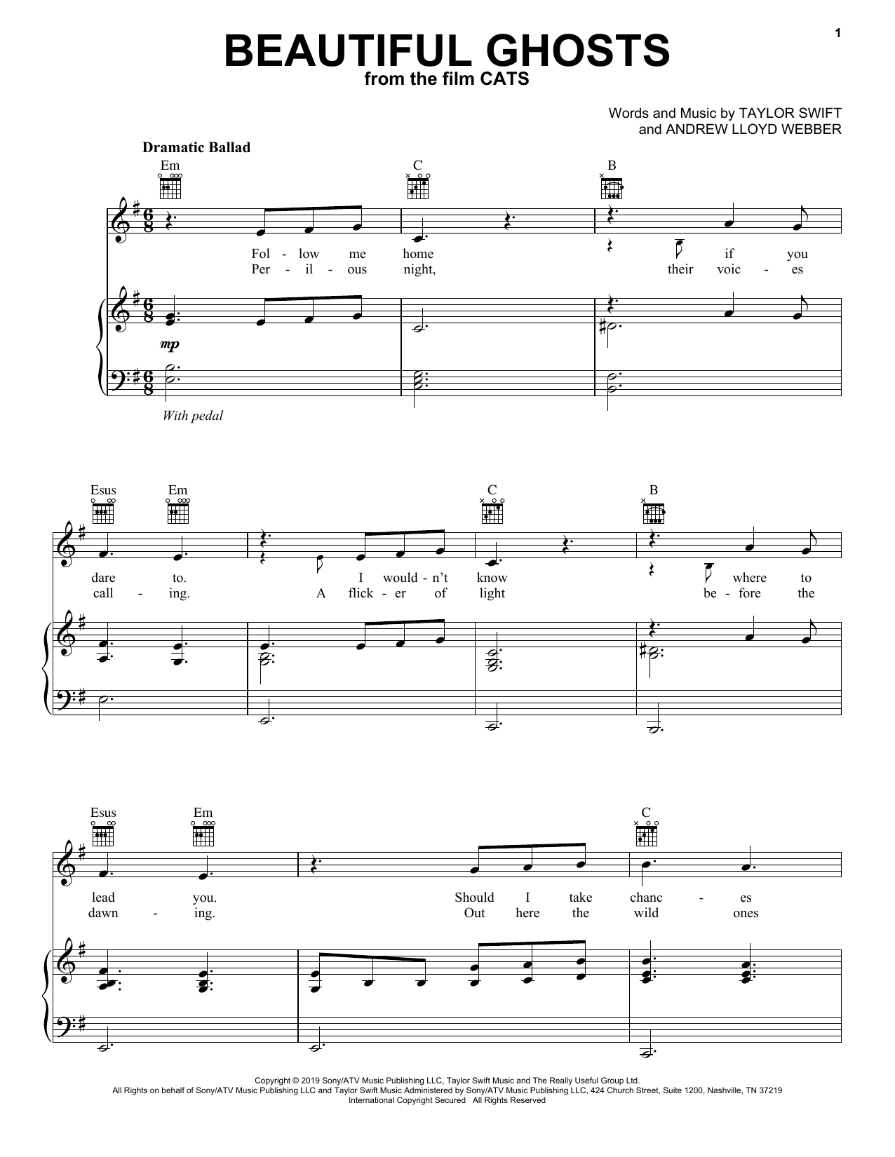 Download Taylor Swift Beautiful Ghosts (from the Motion Picture Cats) Sheet Music and learn how to play Big Note Piano PDF digital score in minutes