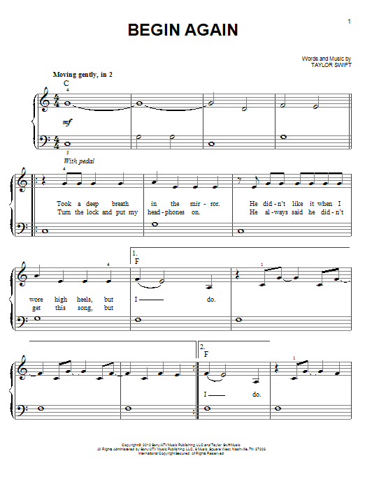 Download Taylor Swift Begin Again Sheet Music and learn how to play Voice PDF digital score in minutes