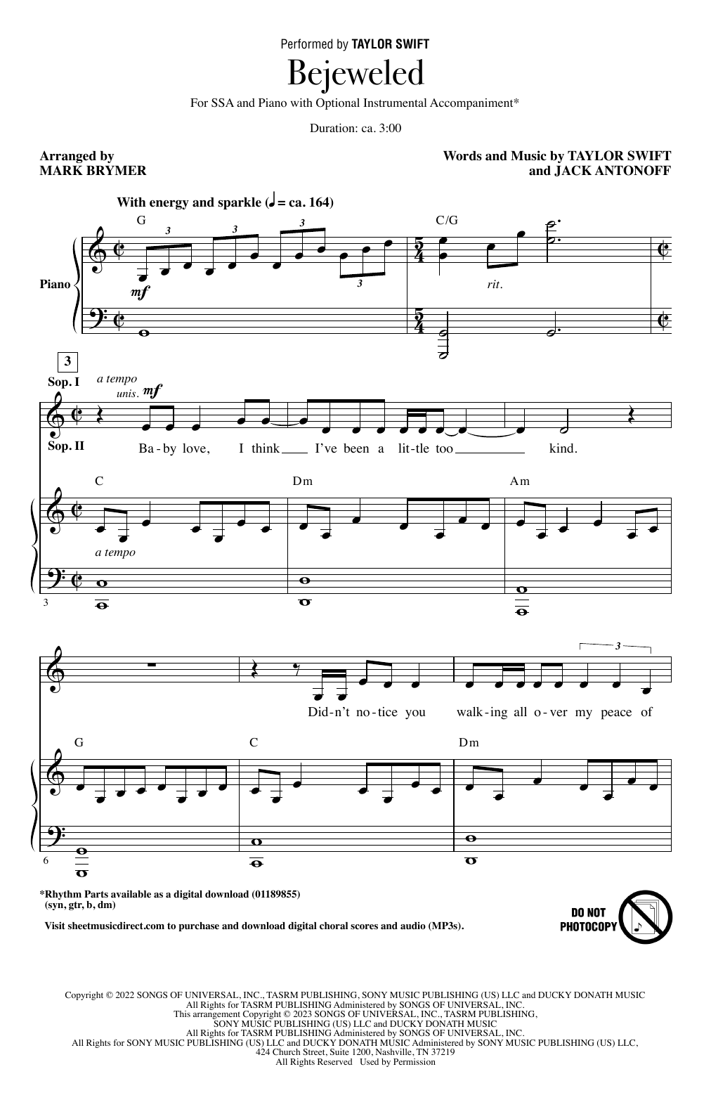 Download Taylor Swift Bejeweled (arr. Mark Brymer) Sheet Music and learn how to play SSA Choir PDF digital score in minutes
