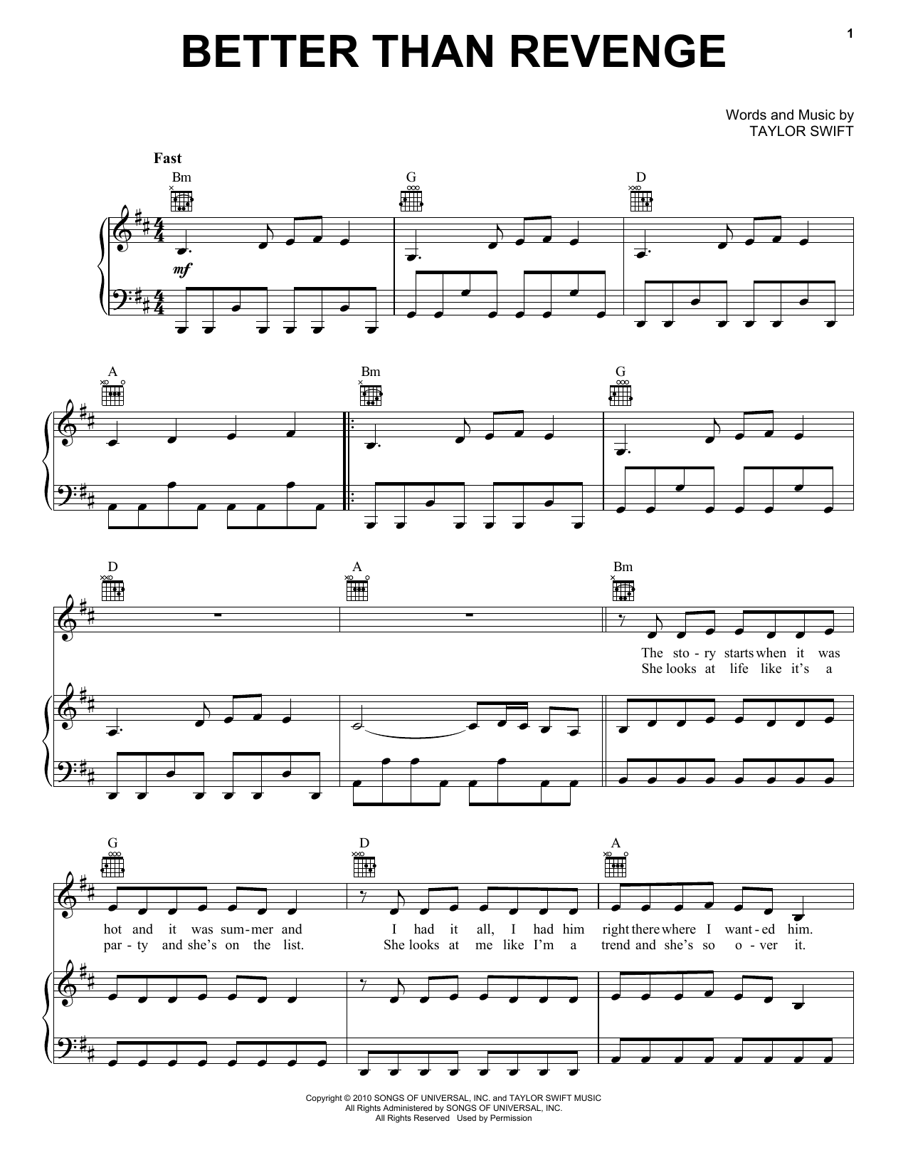 Download Taylor Swift Better Than Revenge (Taylor's Version) Sheet Music and learn how to play Piano, Vocal & Guitar Chords (Right-Hand Melody) PDF digital score in minutes