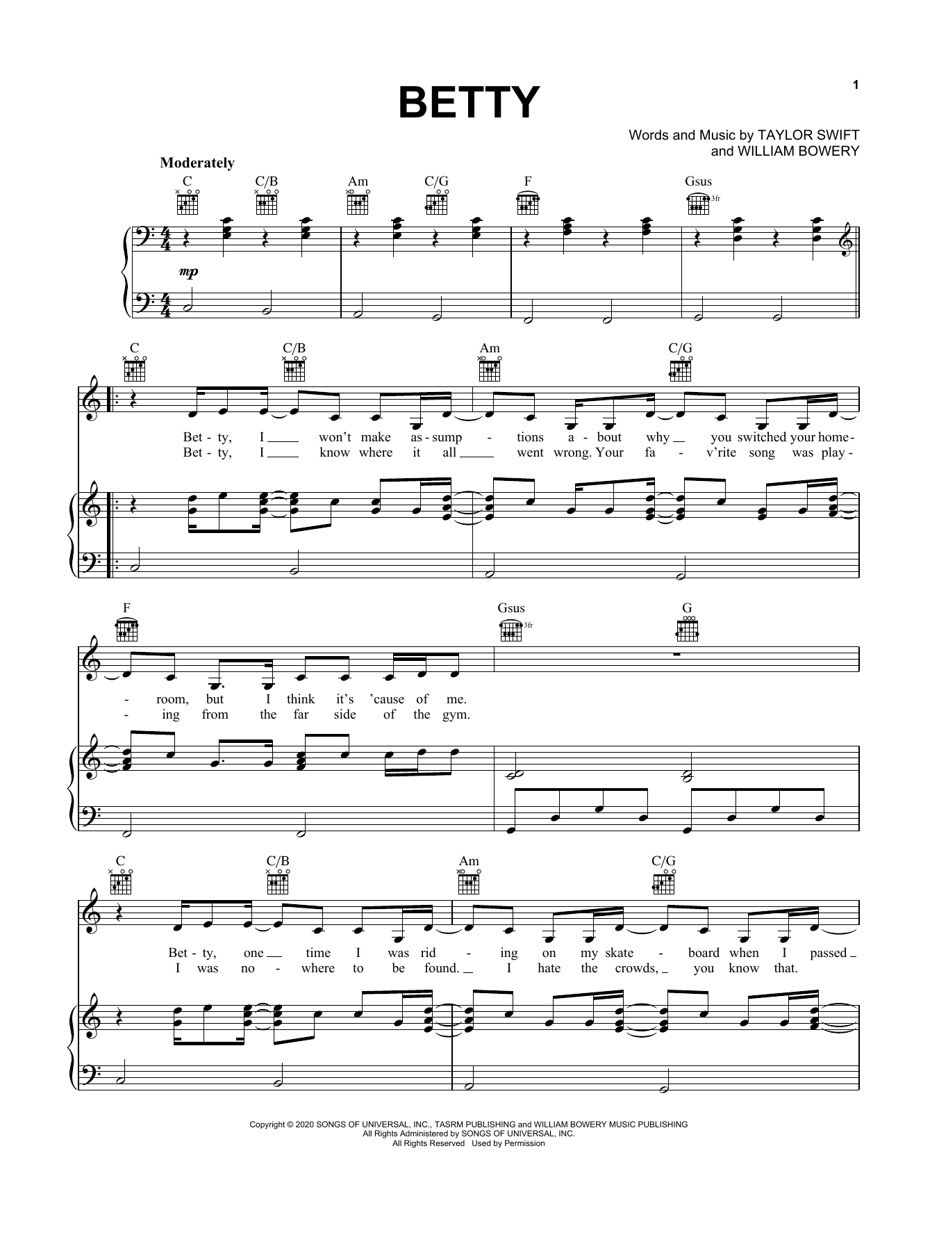 Download Taylor Swift betty Sheet Music and learn how to play Easy Piano PDF digital score in minutes