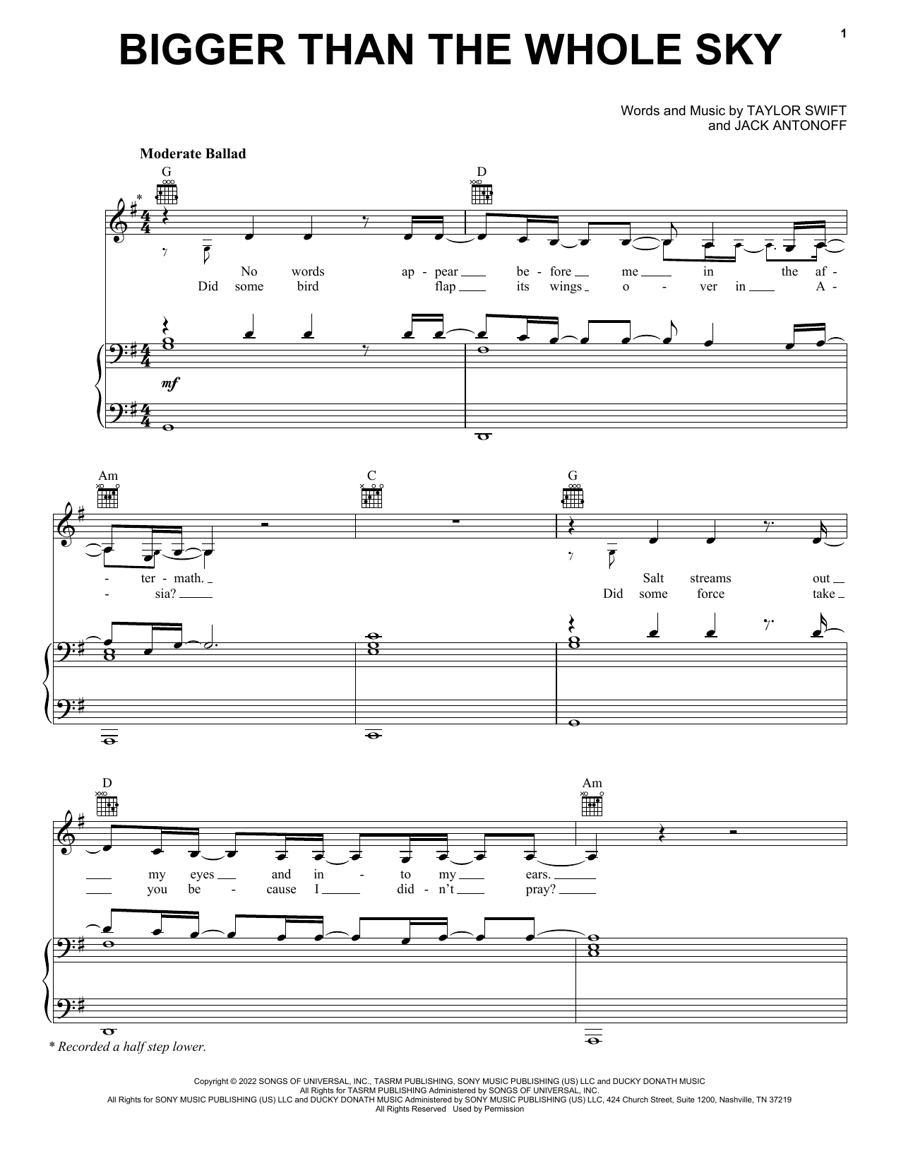 Download Taylor Swift Bigger Than The Whole Sky Sheet Music and learn how to play Piano, Vocal & Guitar Chords (Right-Hand Melody) PDF digital score in minutes