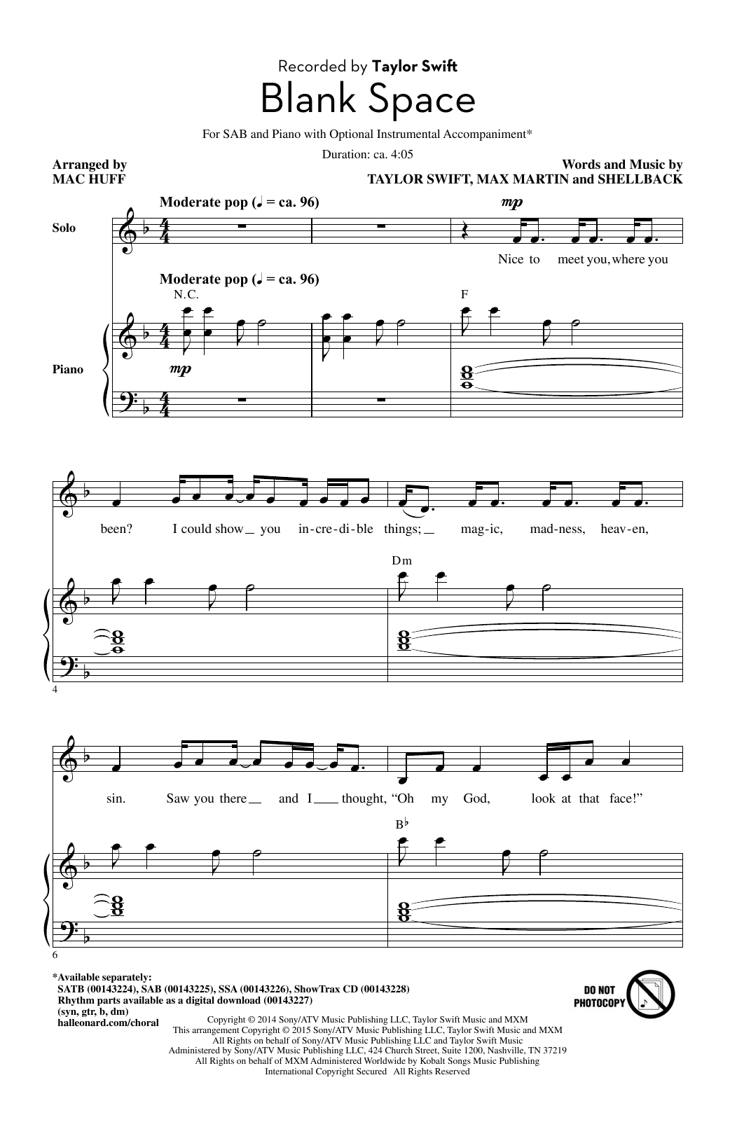 Download Taylor Swift Blank Space (arr. Mac Huff) Sheet Music and learn how to play SATB PDF digital score in minutes