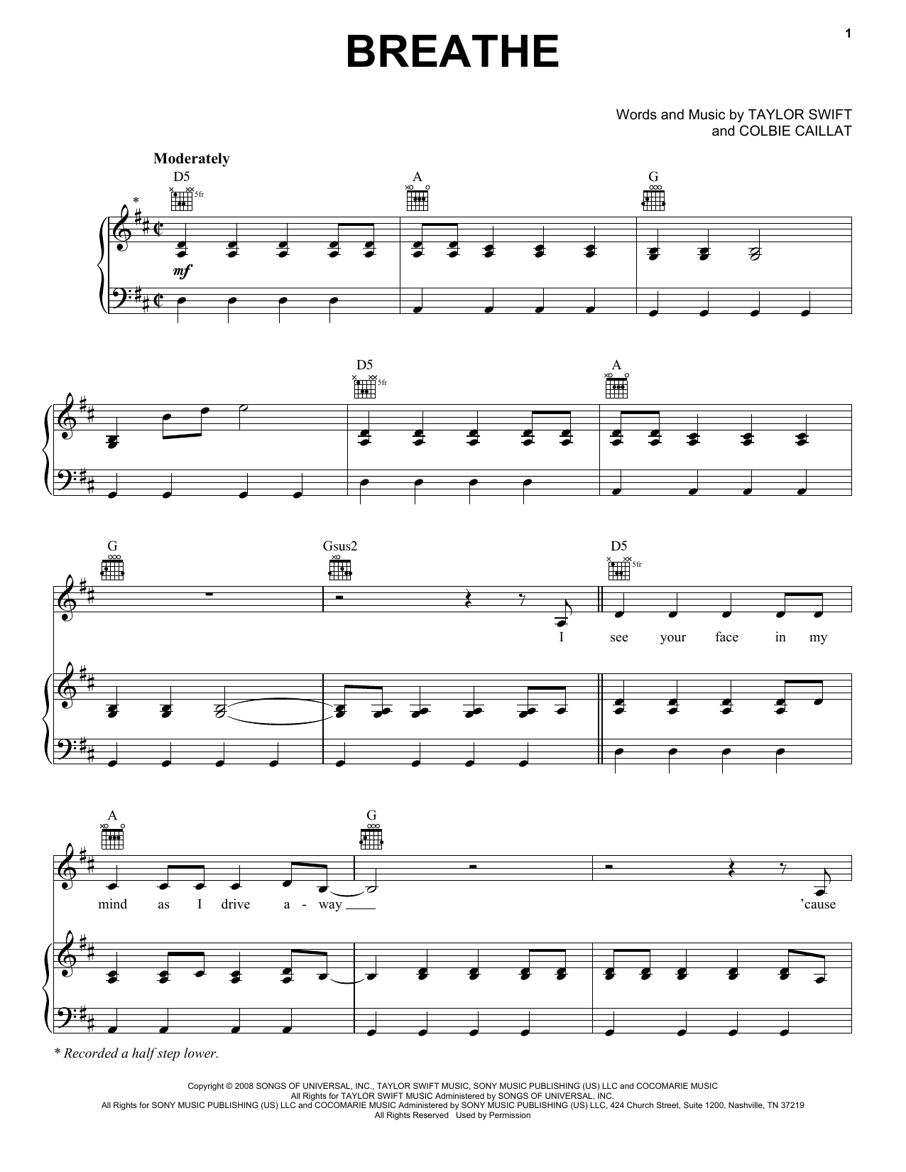 Download Taylor Swift Breathe Sheet Music and learn how to play Easy Piano PDF digital score in minutes