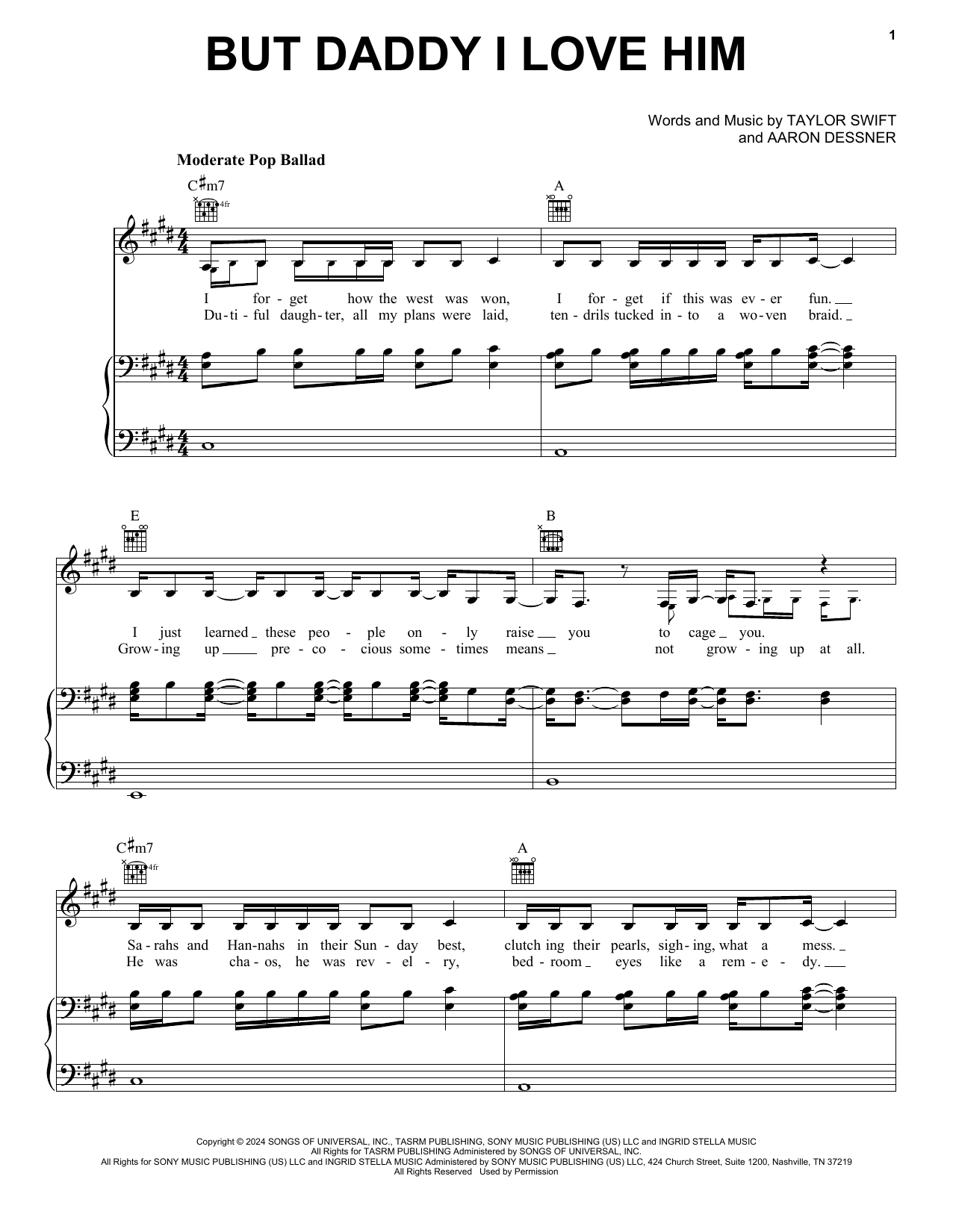 Download Taylor Swift But Daddy I Love Him Sheet Music and learn how to play Easy Piano PDF digital score in minutes