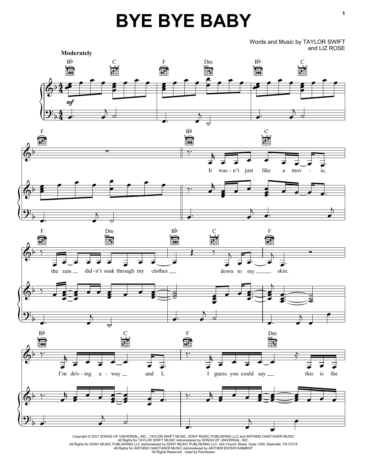 Download Taylor Swift Bye Bye Baby (Taylor's Version) (From The Vault) Sheet Music and learn how to play Piano, Vocal & Guitar Chords (Right-Hand Melody) PDF digital score in minutes