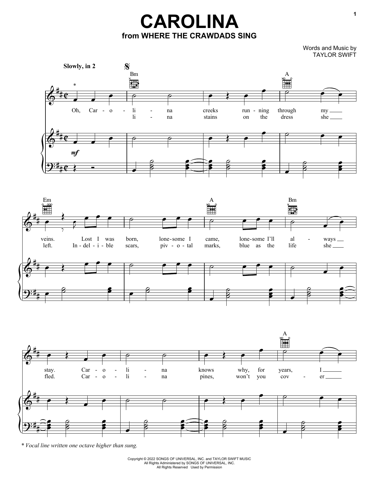 Download Taylor Swift Carolina (from Where The Crawdad Sings) Sheet Music and learn how to play Ukulele PDF digital score in minutes