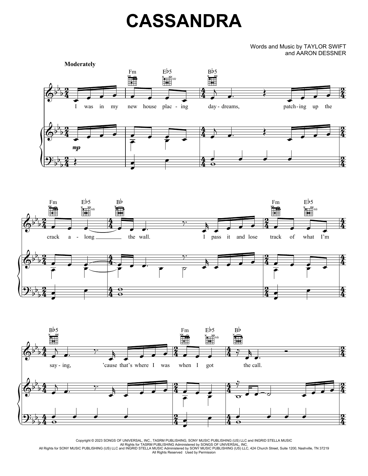 Download Taylor Swift Cassandra Sheet Music and learn how to play Piano, Vocal & Guitar Chords (Right-Hand Melody) PDF digital score in minutes