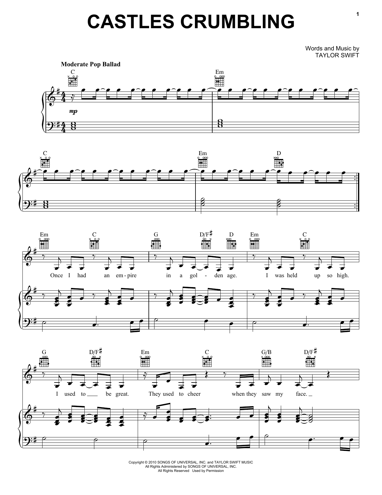 Download Taylor Swift Castles Crumbling (feat. Hayley Williams) (Taylor's Version) (From The Vault) Sheet Music and learn how to play Piano, Vocal & Guitar Chords (Right-Hand Melody) PDF digital score in minutes