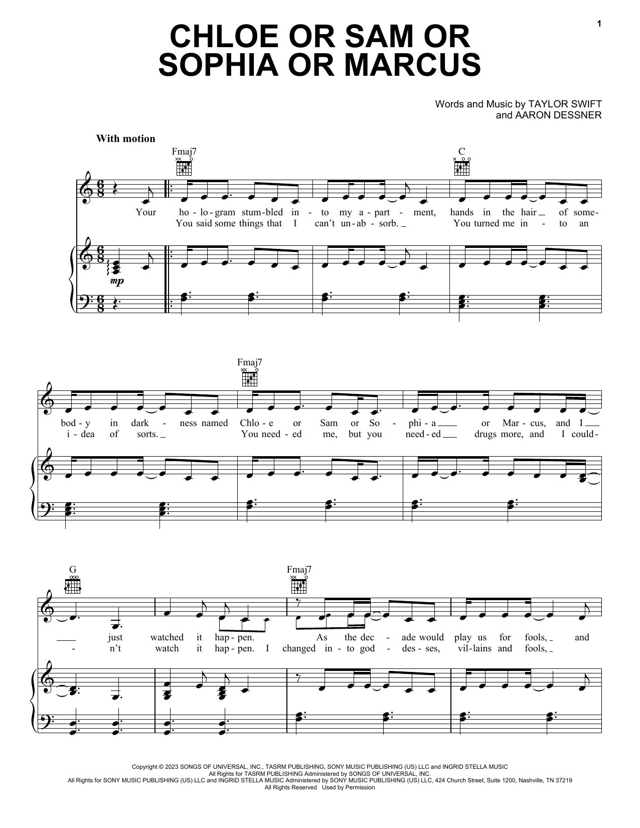Download Taylor Swift Chloe Or Sam Or Sophia Or Marcus Sheet Music and learn how to play Piano, Vocal & Guitar Chords (Right-Hand Melody) PDF digital score in minutes