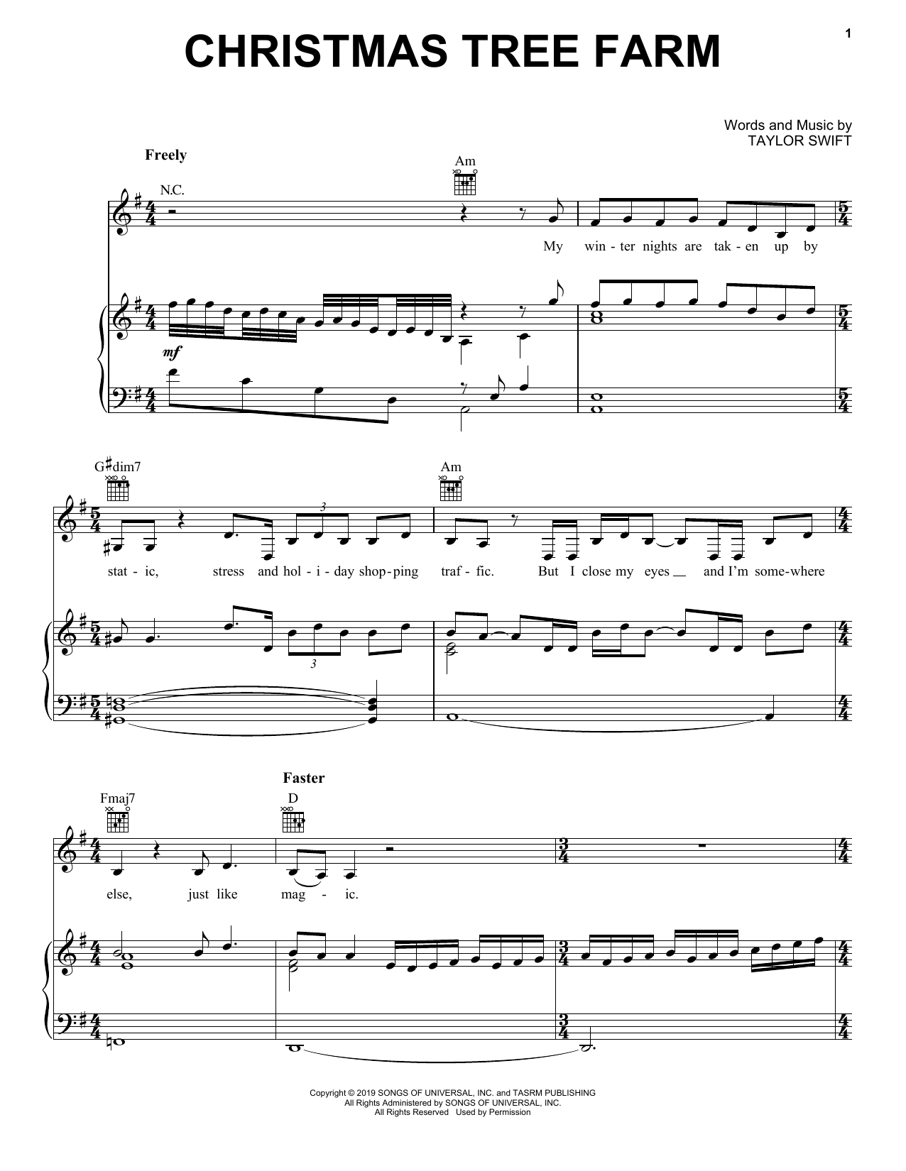 Download Taylor Swift Christmas Tree Farm Sheet Music and learn how to play Piano, Vocal & Guitar Chords (Right-Hand Melody) PDF digital score in minutes