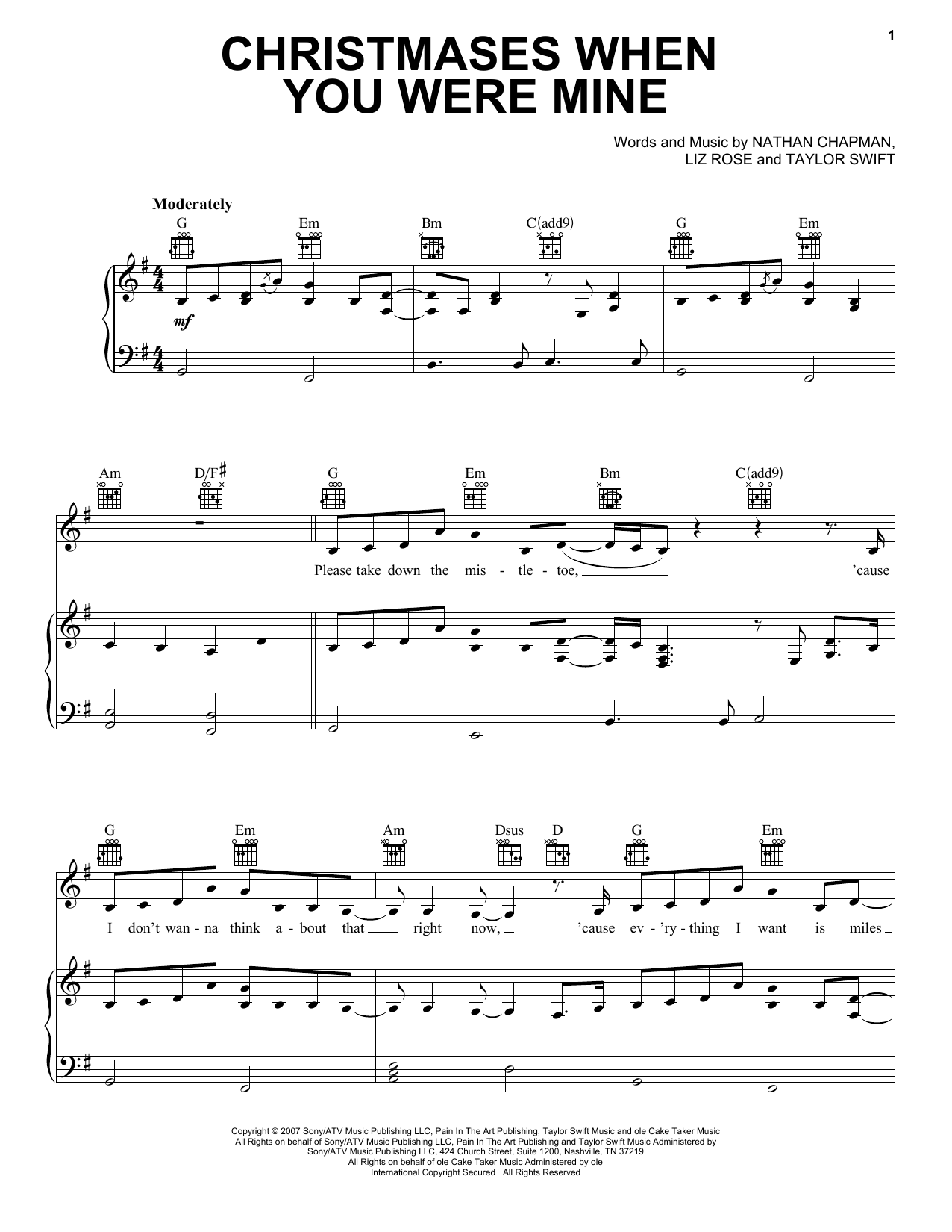 Download Taylor Swift Christmases When You Were Mine Sheet Music and learn how to play Piano, Vocal & Guitar (Right-Hand Melody) PDF digital score in minutes