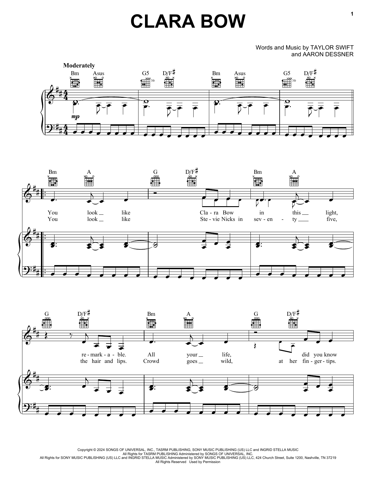 Download Taylor Swift Clara Bow Sheet Music and learn how to play Easy Piano PDF digital score in minutes