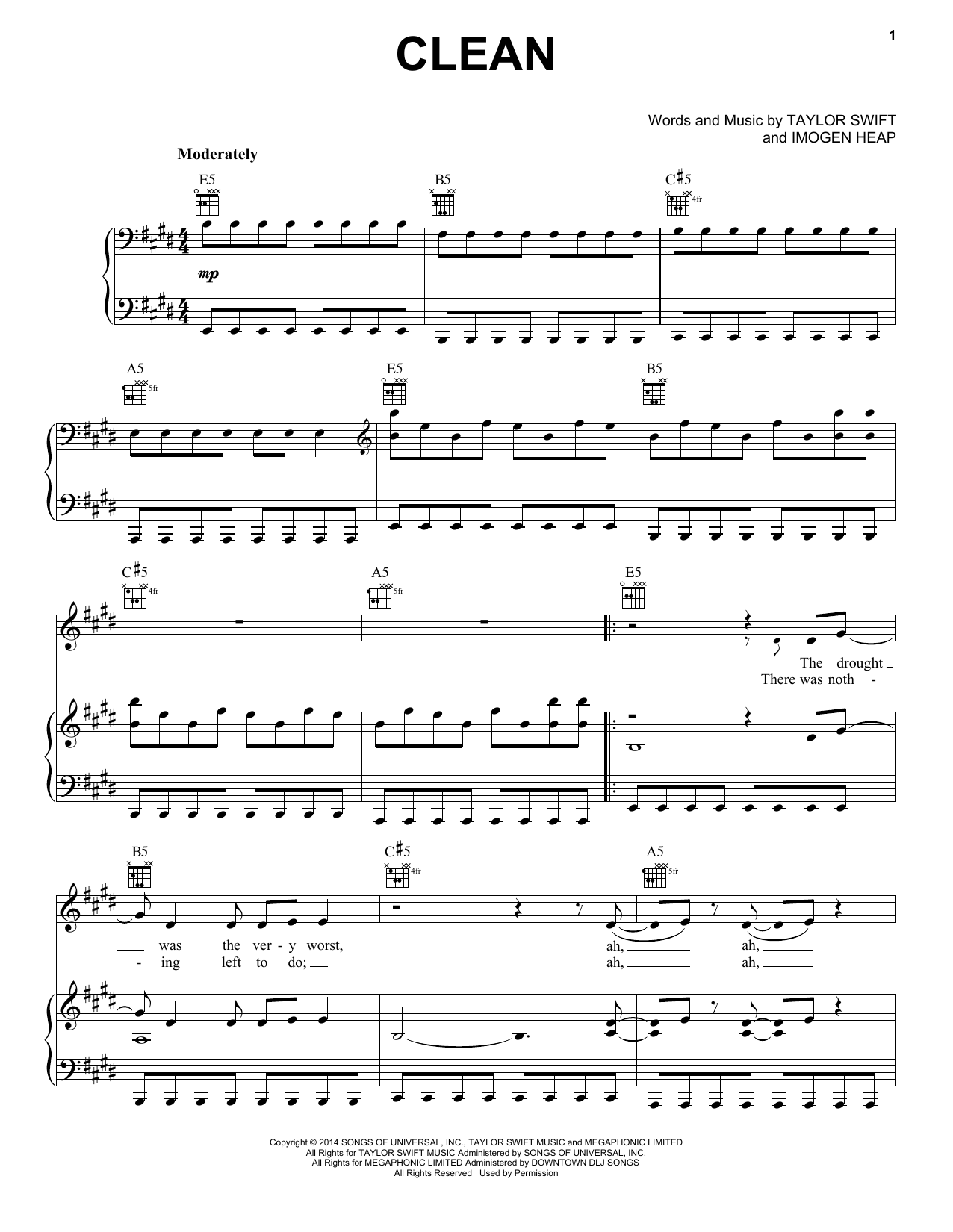 Download Taylor Swift Clean Sheet Music and learn how to play Piano (Big Notes) PDF digital score in minutes