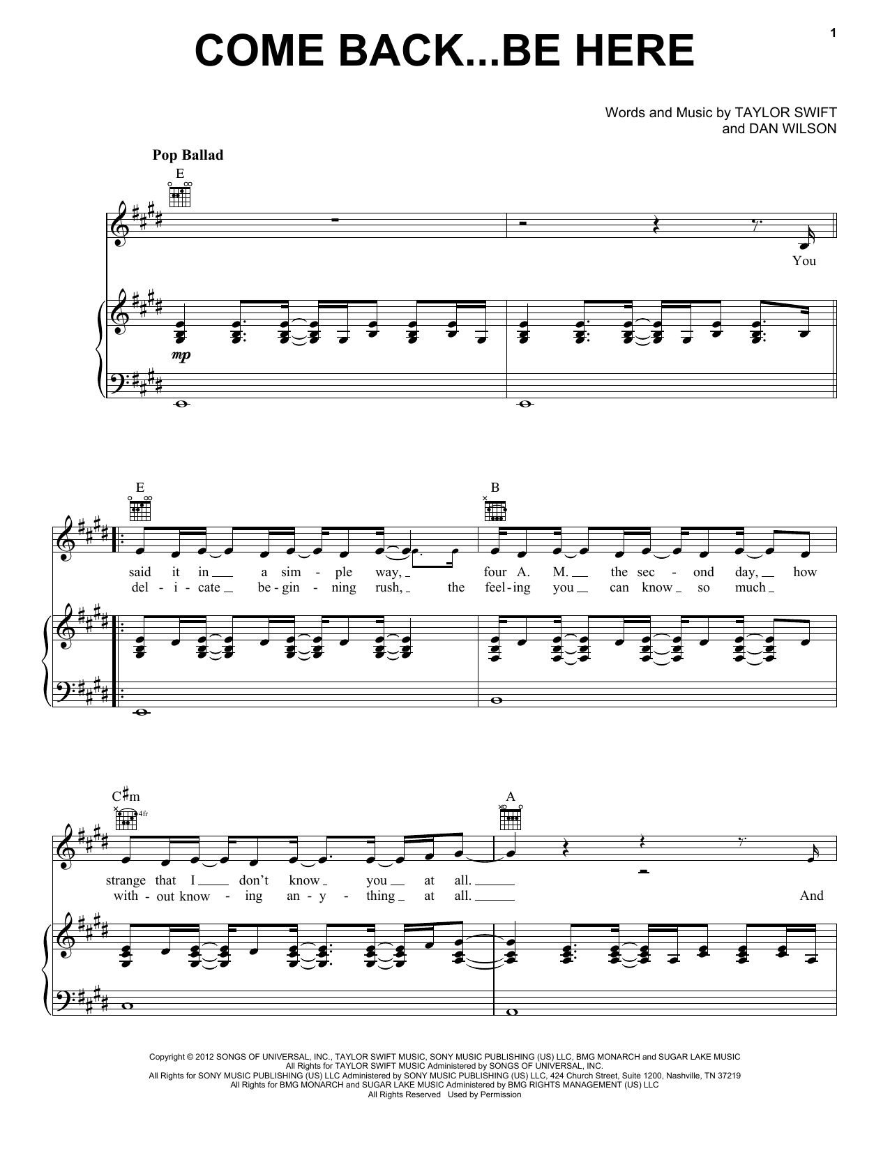 Download Taylor Swift Come Back...Be Here (Taylor's Version) Sheet Music and learn how to play Piano, Vocal & Guitar Chords (Right-Hand Melody) PDF digital score in minutes