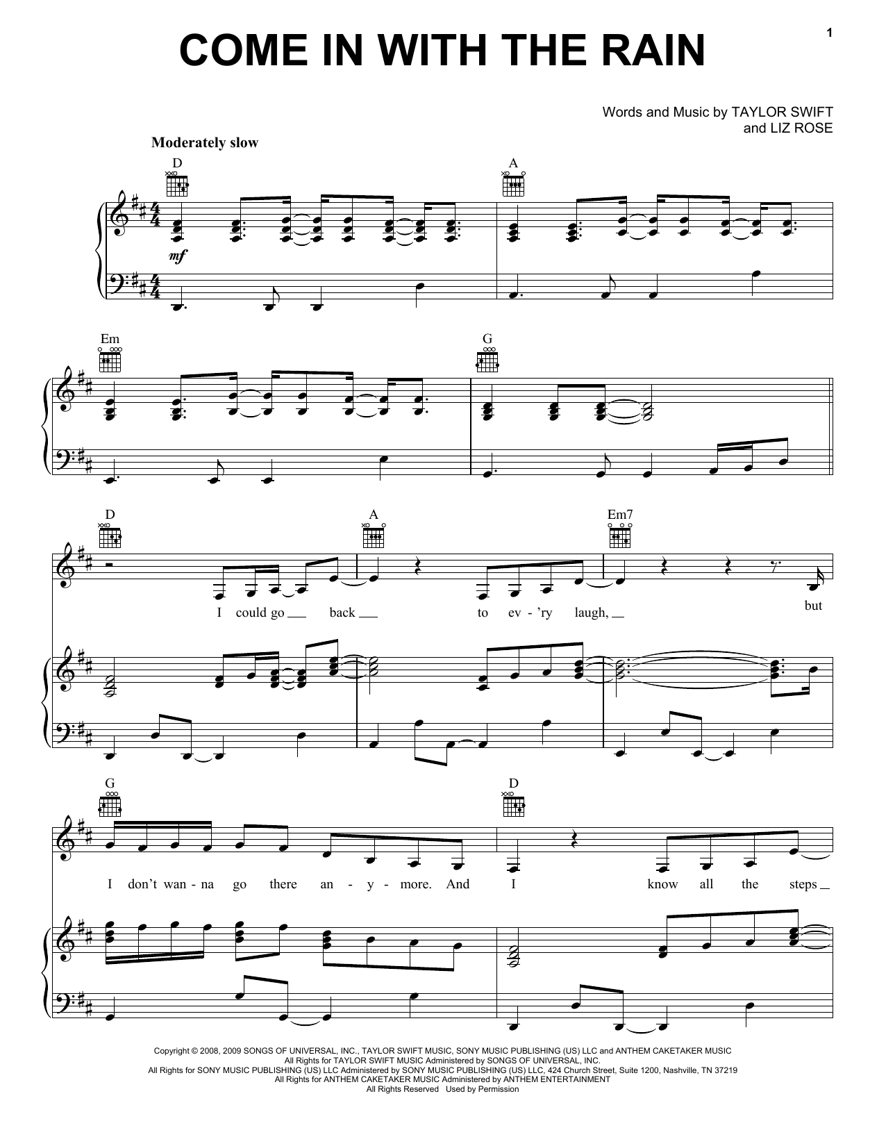 Download Taylor Swift Come In With The Rain Sheet Music and learn how to play Piano, Vocal & Guitar Chords (Right-Hand Melody) PDF digital score in minutes