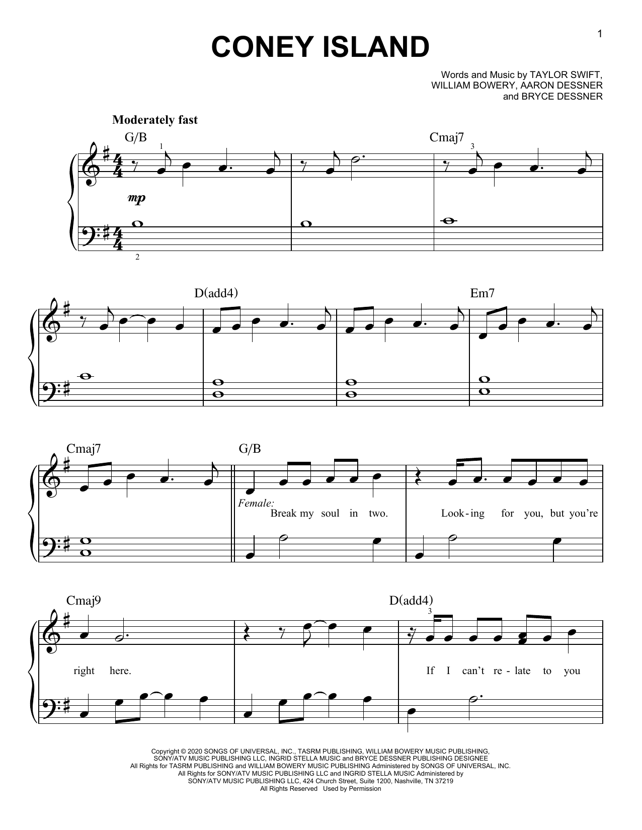 Download Taylor Swift coney island (feat. The National) Sheet Music and learn how to play Easy Piano PDF digital score in minutes