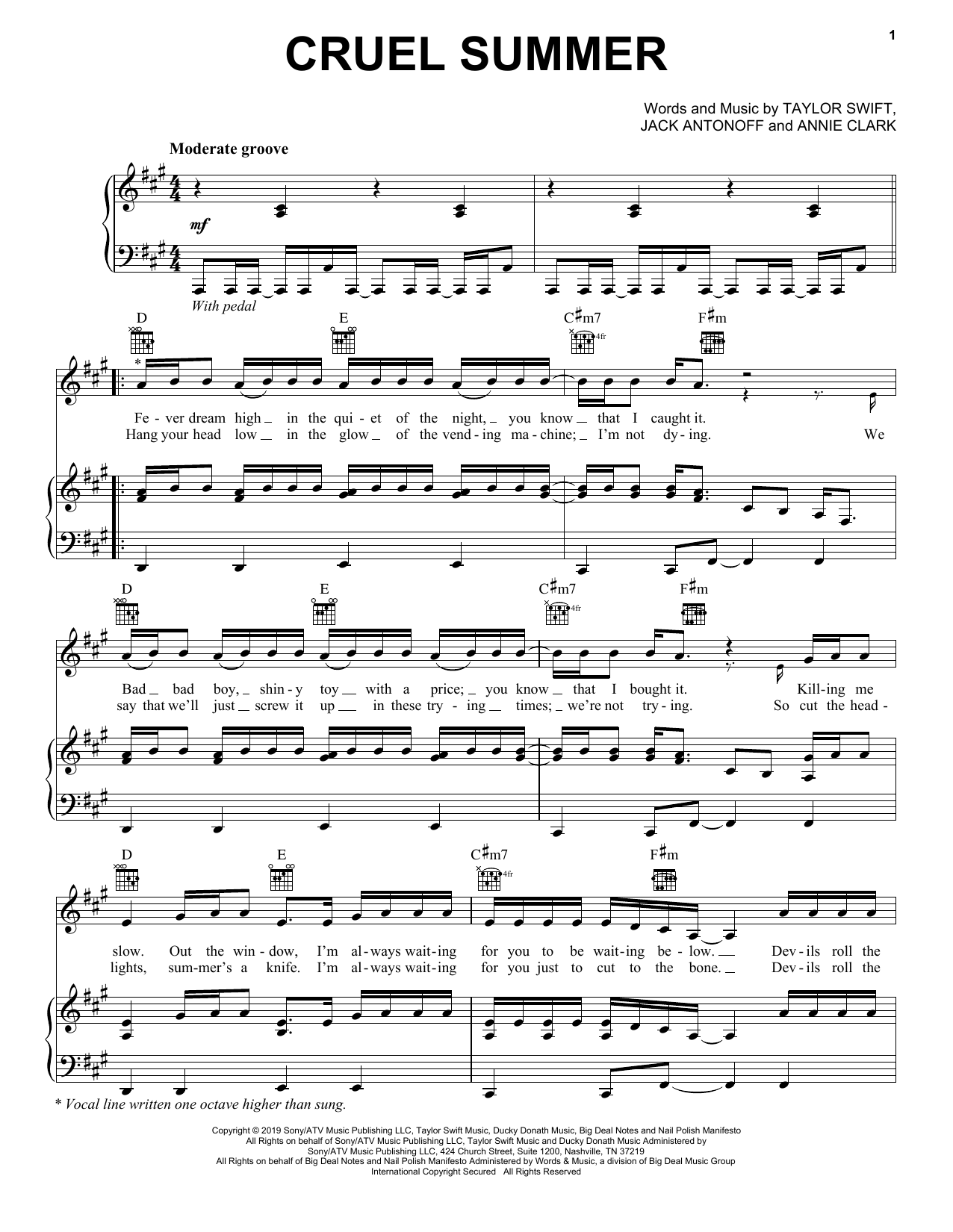 Download Taylor Swift Cruel Summer Sheet Music and learn how to play Piano, Vocal & Guitar Chords (Right-Hand Melody) PDF digital score in minutes