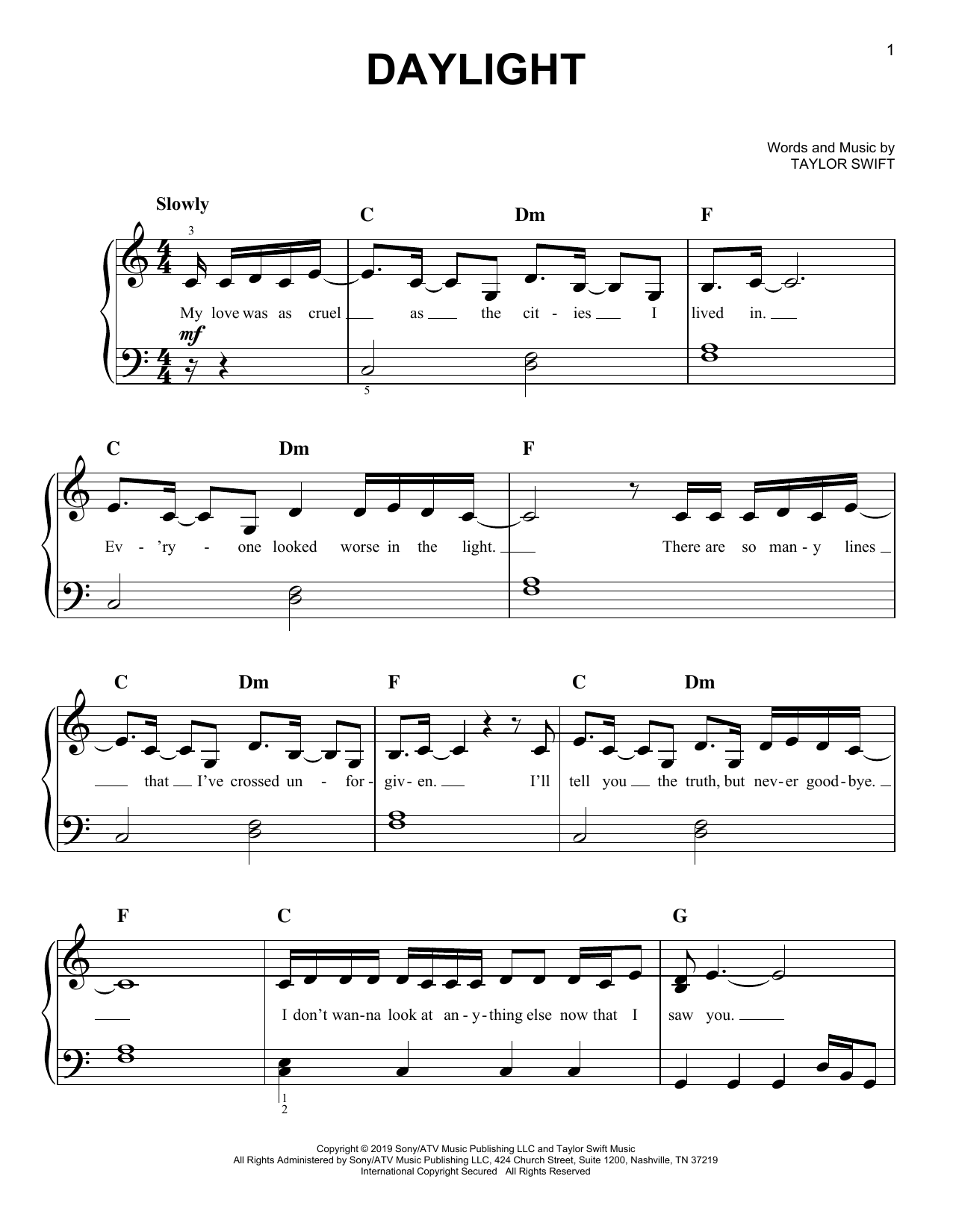 Download Taylor Swift Daylight Sheet Music and learn how to play Easy Piano PDF digital score in minutes