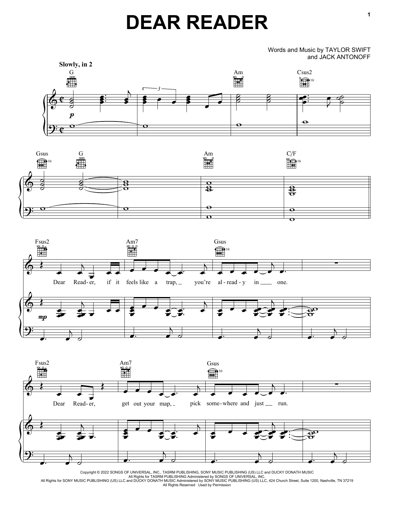 Download Taylor Swift Dear Reader Sheet Music and learn how to play Piano, Vocal & Guitar Chords (Right-Hand Melody) PDF digital score in minutes