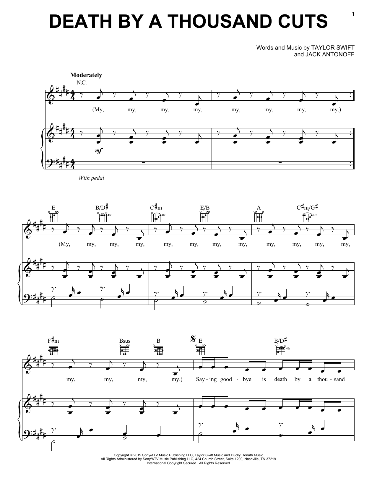 Download Taylor Swift Death By A Thousand Cuts Sheet Music and learn how to play Piano, Vocal & Guitar Chords (Right-Hand Melody) PDF digital score in minutes