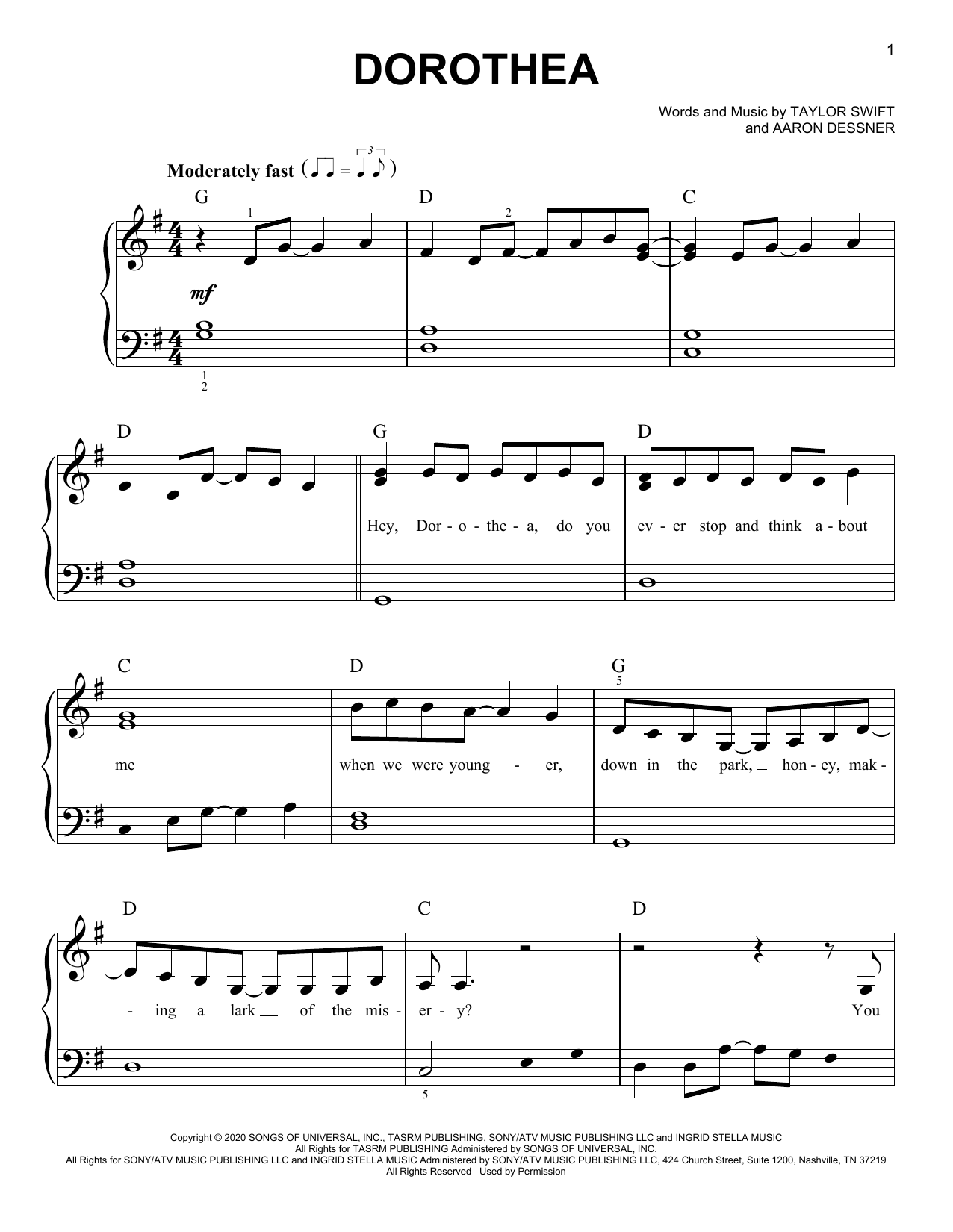 Download Taylor Swift dorothea Sheet Music and learn how to play Easy Piano PDF digital score in minutes