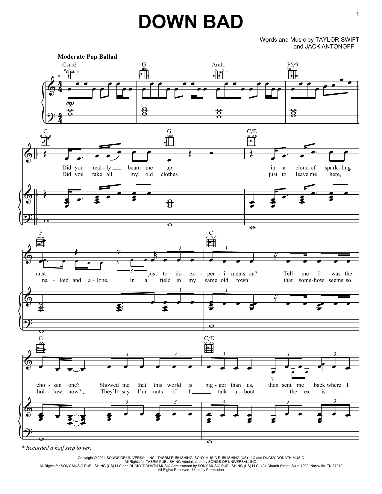 Download Taylor Swift Down Bad Sheet Music and learn how to play Easy Piano PDF digital score in minutes