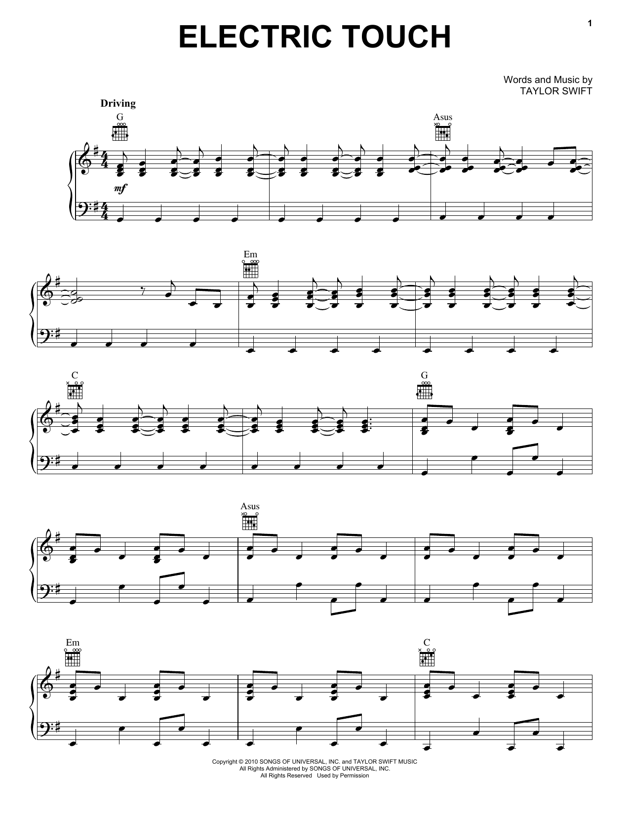 Download Taylor Swift Electric Touch (feat. Fall out Boy) (Taylor's Version) (From The Vault) Sheet Music and learn how to play Piano, Vocal & Guitar Chords (Right-Hand Melody) PDF digital score in minutes