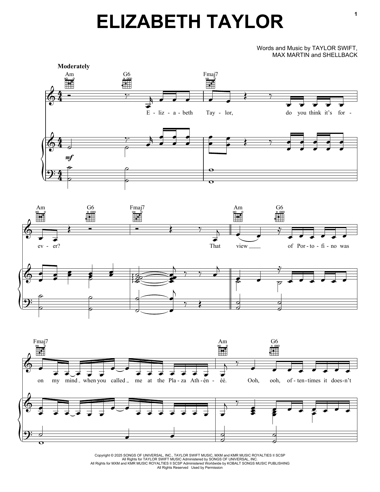 Download Taylor Swift Elizabeth Taylor Sheet Music and learn how to play Piano, Vocal & Guitar Chords (Right-Hand Melody) PDF digital score in minutes