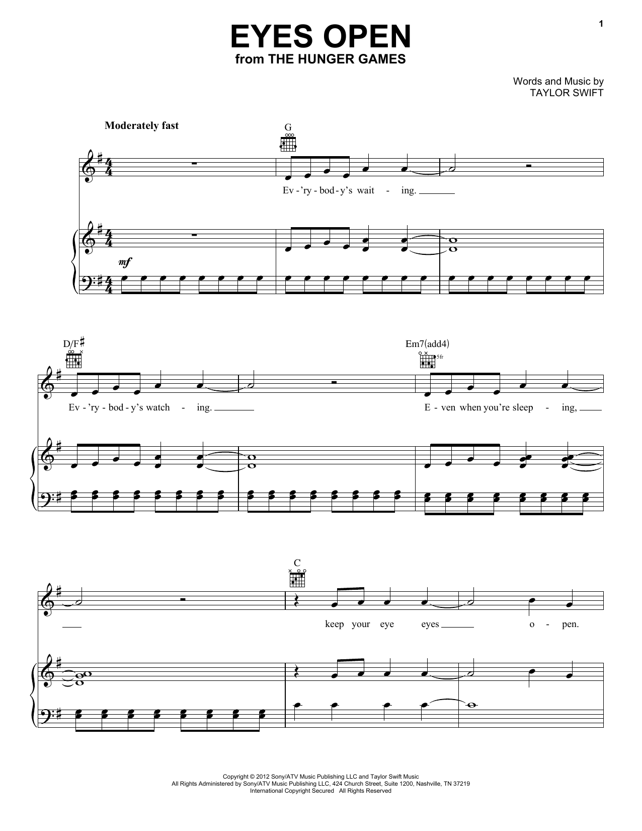 Download Taylor Swift Eyes Open Sheet Music and learn how to play Keyboard PDF digital score in minutes
