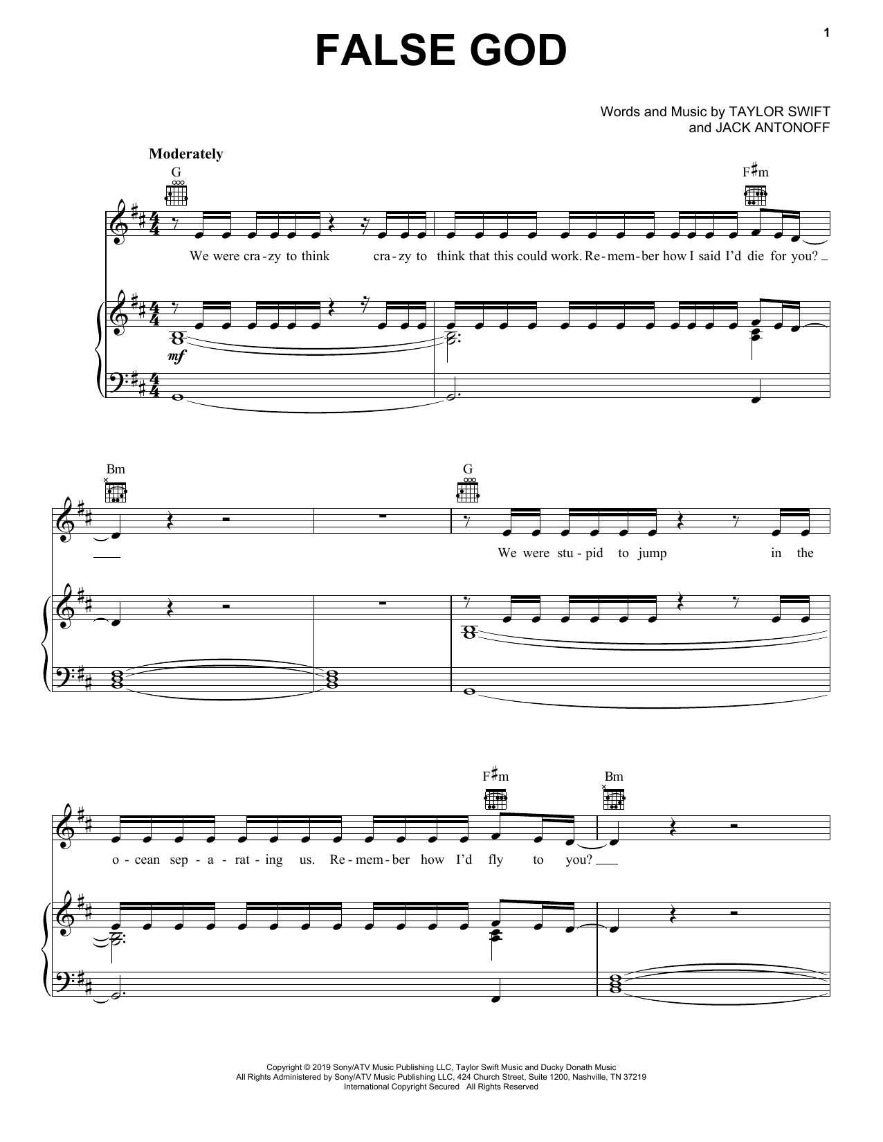 Download Taylor Swift False God Sheet Music and learn how to play Piano, Vocal & Guitar Chords (Right-Hand Melody) PDF digital score in minutes
