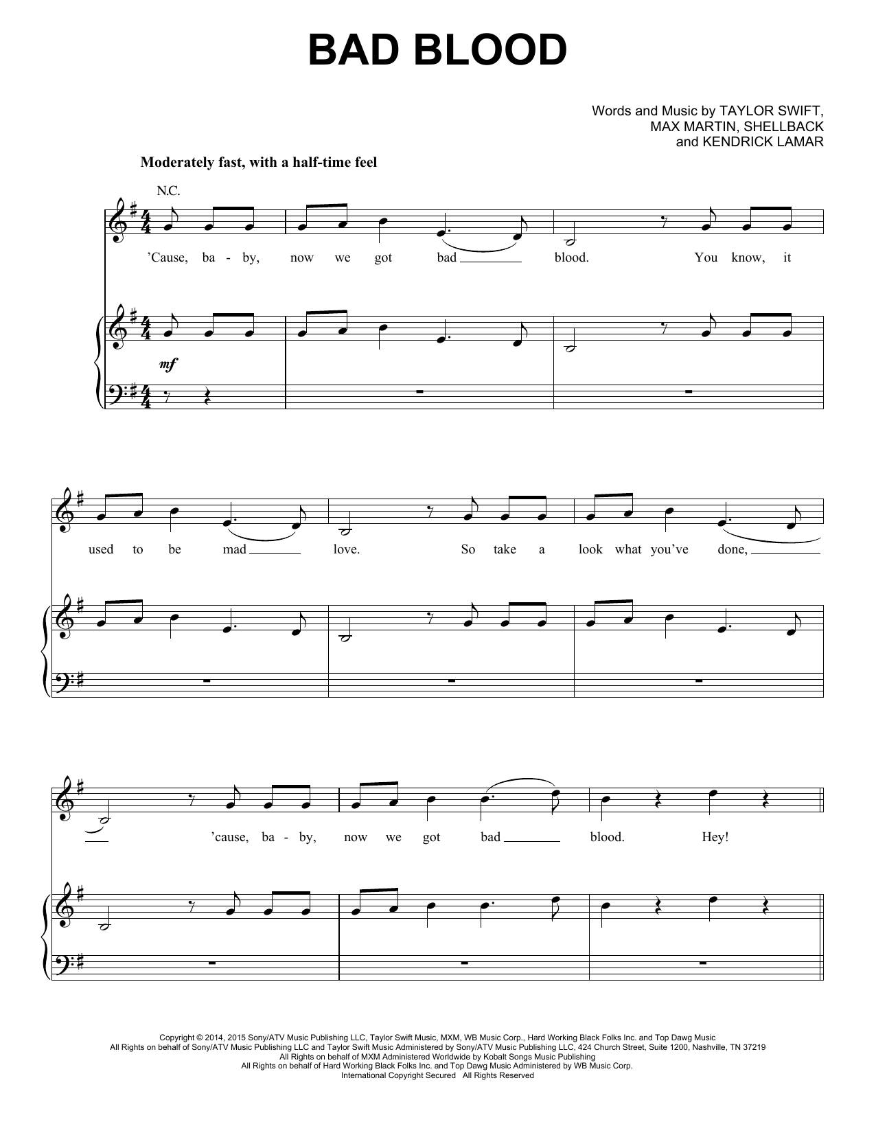 Download Taylor Swift Bad Blood (feat. Kendrick Lamar) Sheet Music and learn how to play Piano, Vocal & Guitar (Right-Hand Melody) PDF digital score in minutes