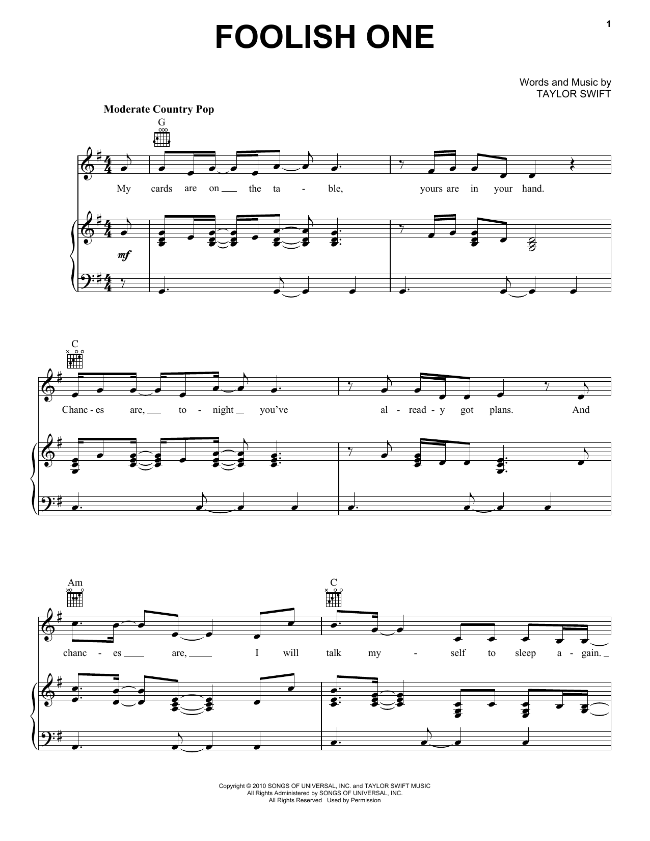 Download Taylor Swift Foolish One (Taylor's Version) (From The Vault) Sheet Music and learn how to play Piano, Vocal & Guitar Chords (Right-Hand Melody) PDF digital score in minutes