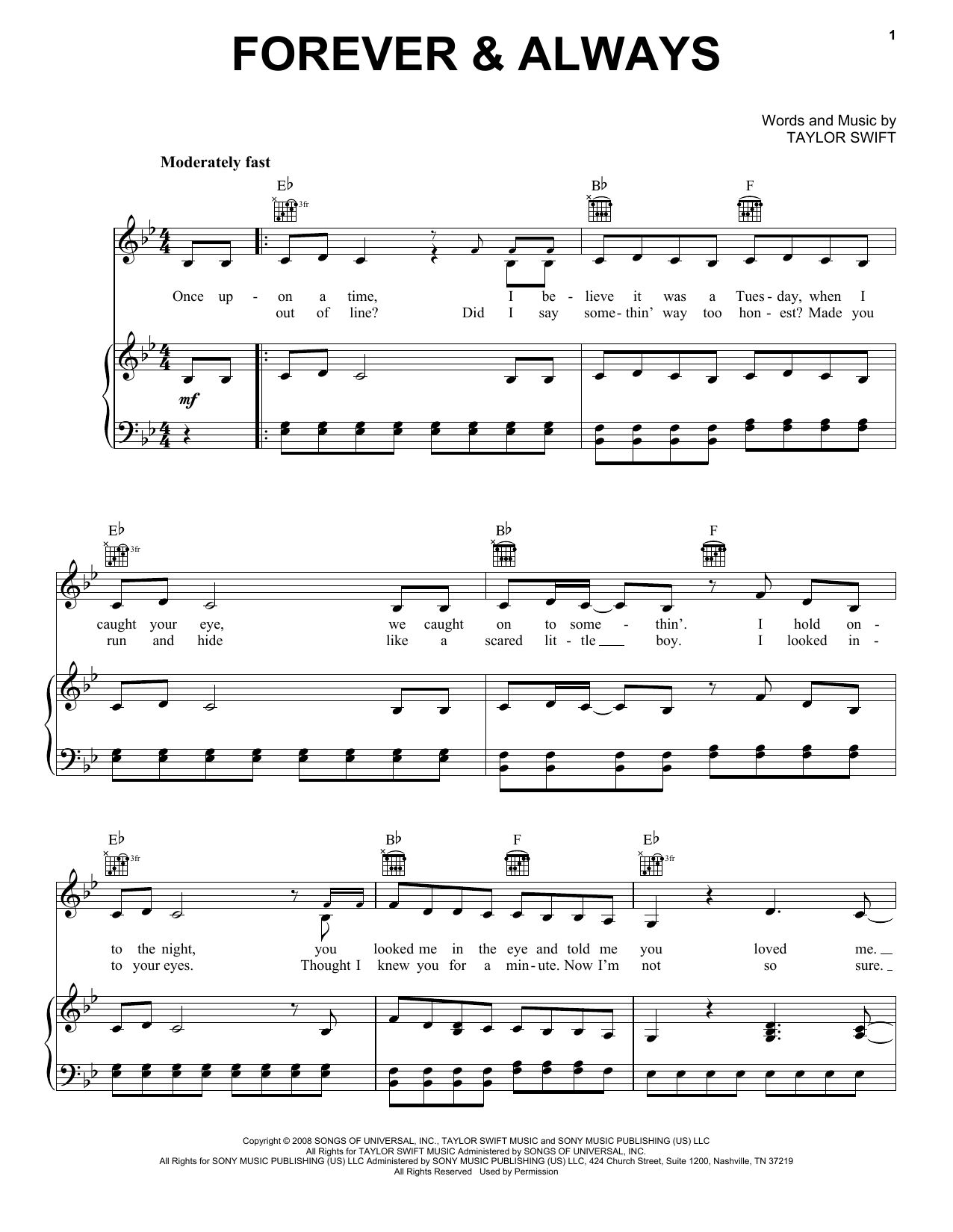 Download Taylor Swift Forever & Always Sheet Music and learn how to play Piano (Big Notes) PDF digital score in minutes