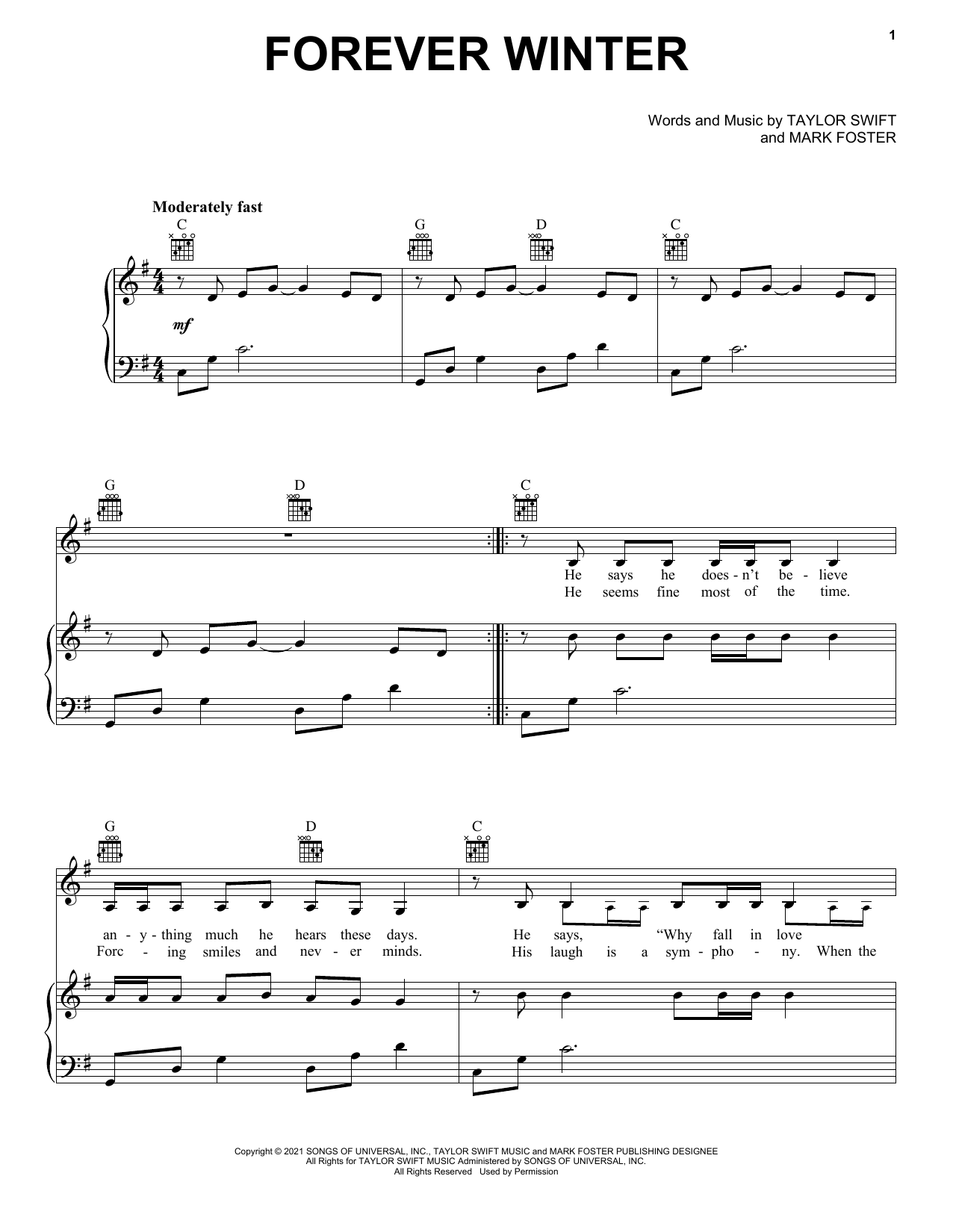 Download Taylor Swift Forever Winter (Taylor's Version) (From The Vault) Sheet Music and learn how to play Piano, Vocal & Guitar Chords (Right-Hand Melody) PDF digital score in minutes