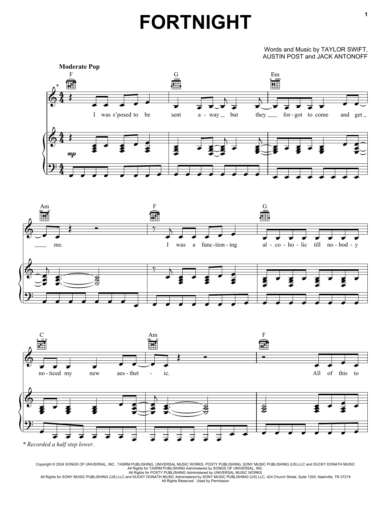 Download Taylor Swift Fortnight (feat. Post Malone) Sheet Music and learn how to play Super Easy Piano PDF digital score in minutes