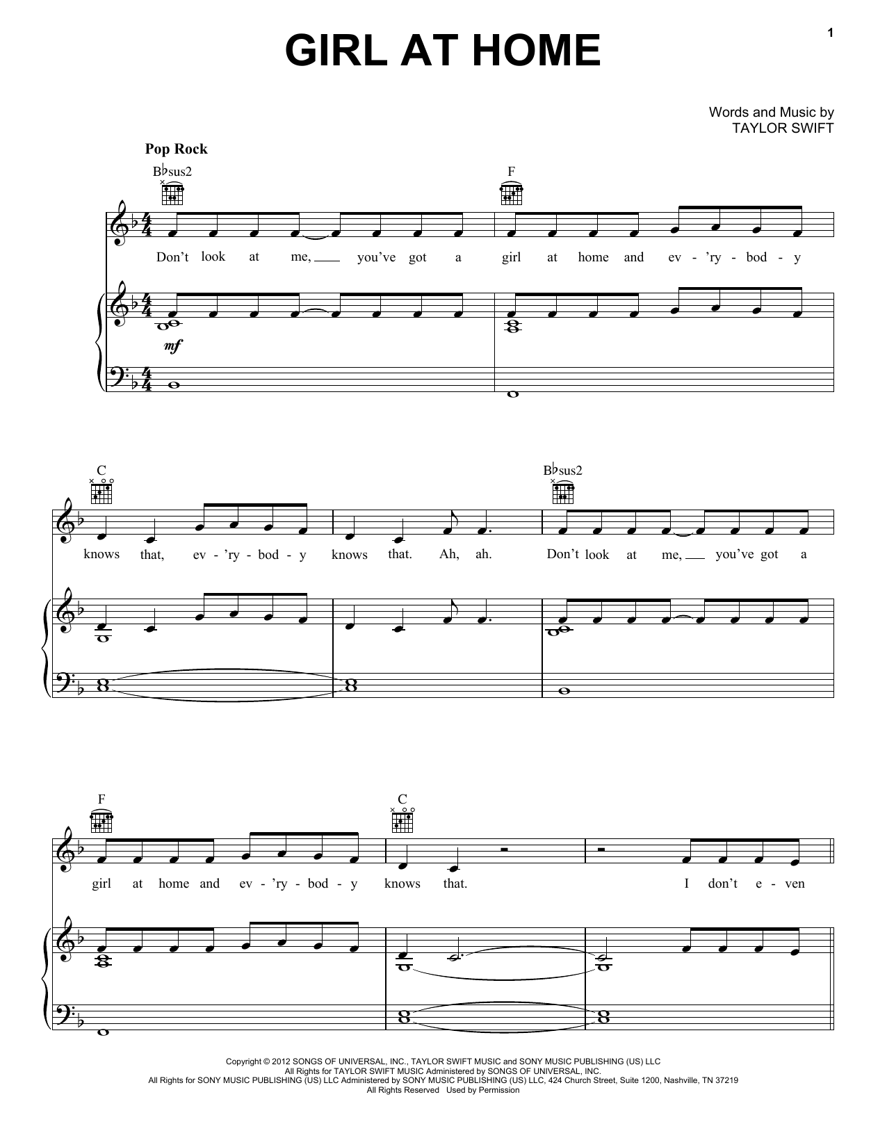 Download Taylor Swift Girl At Home (Taylor's Version) Sheet Music and learn how to play Piano, Vocal & Guitar Chords (Right-Hand Melody) PDF digital score in minutes