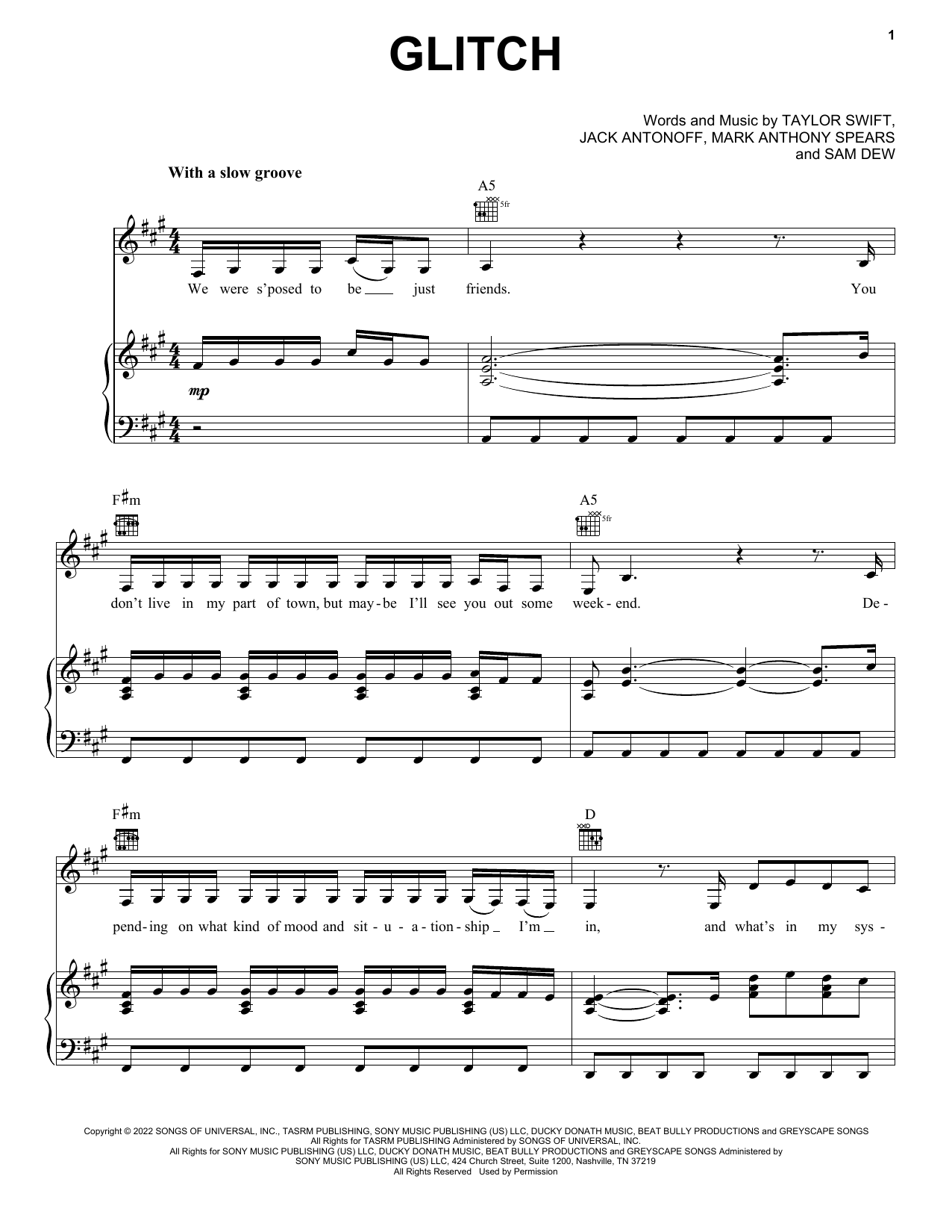 Download Taylor Swift Glitch Sheet Music and learn how to play Piano, Vocal & Guitar Chords (Right-Hand Melody) PDF digital score in minutes