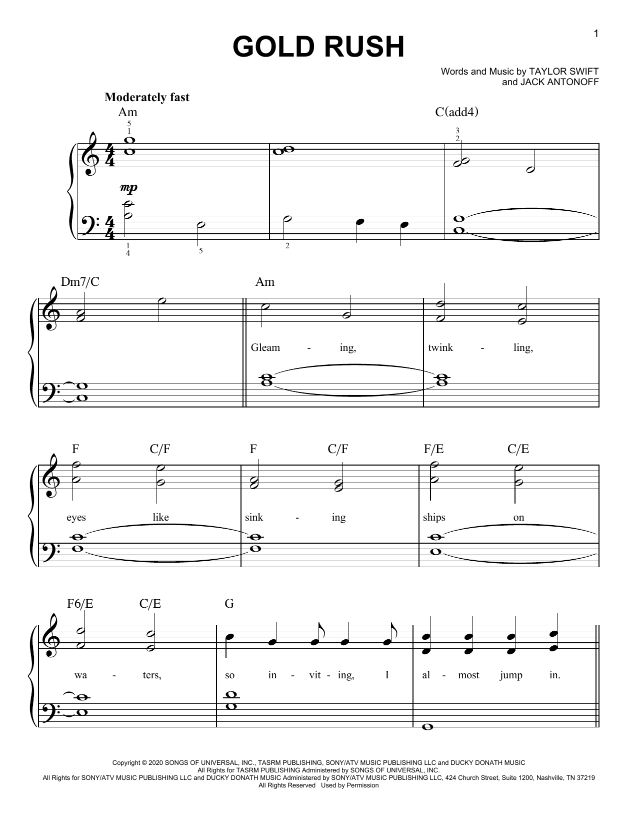 Download Taylor Swift gold rush Sheet Music and learn how to play Easy Piano PDF digital score in minutes