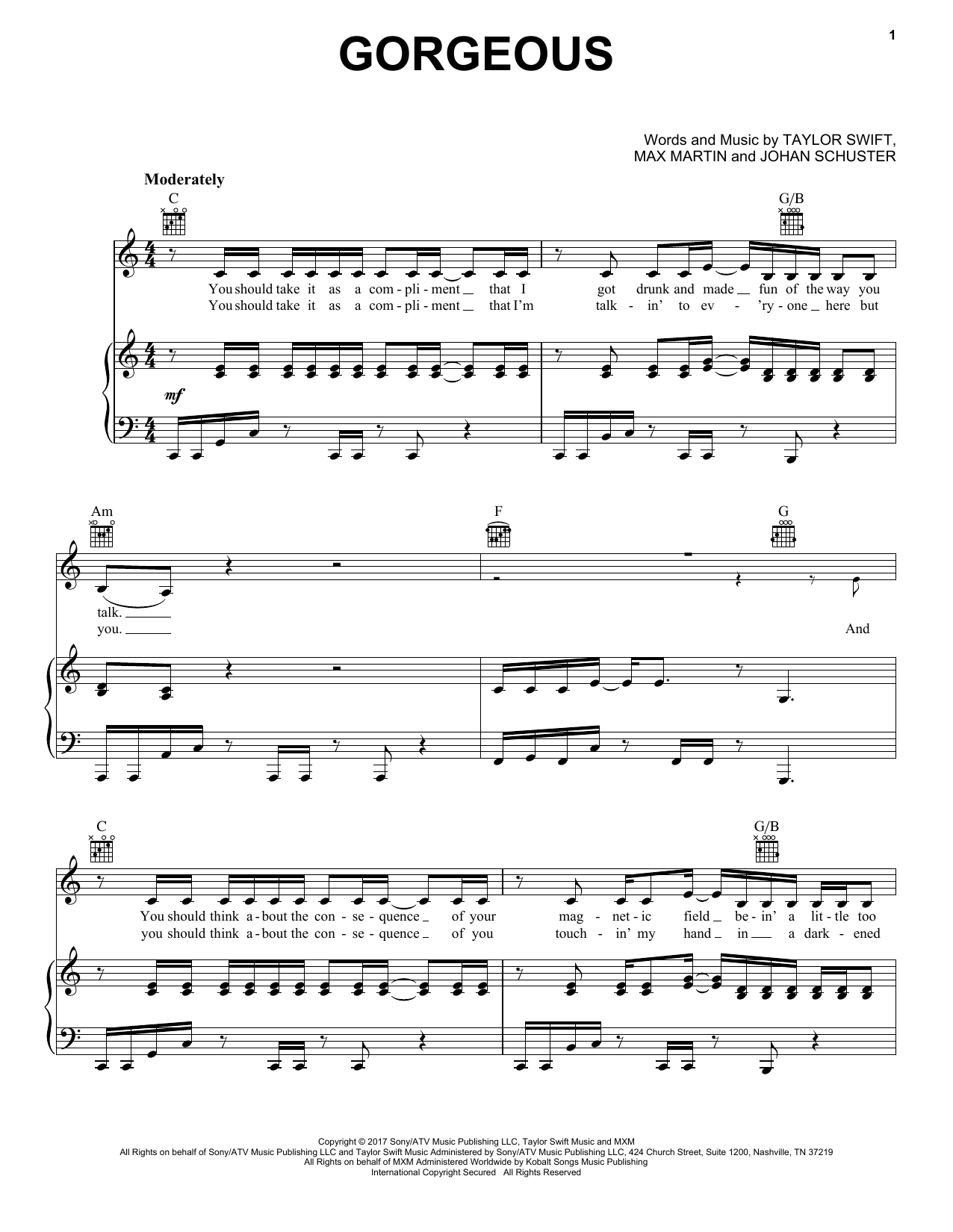 Download Taylor Swift Gorgeous Sheet Music and learn how to play Piano, Vocal & Guitar (Right-Hand Melody) PDF digital score in minutes