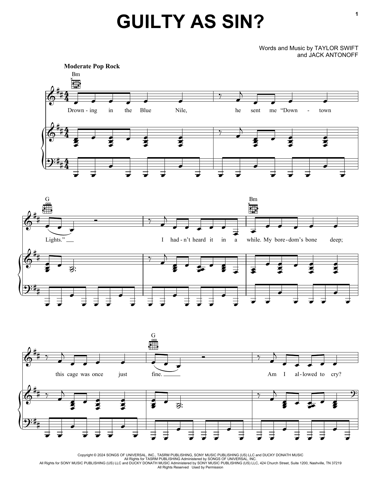 Download Taylor Swift Guilty as Sin? Sheet Music and learn how to play Piano, Vocal & Guitar Chords (Right-Hand Melody) PDF digital score in minutes