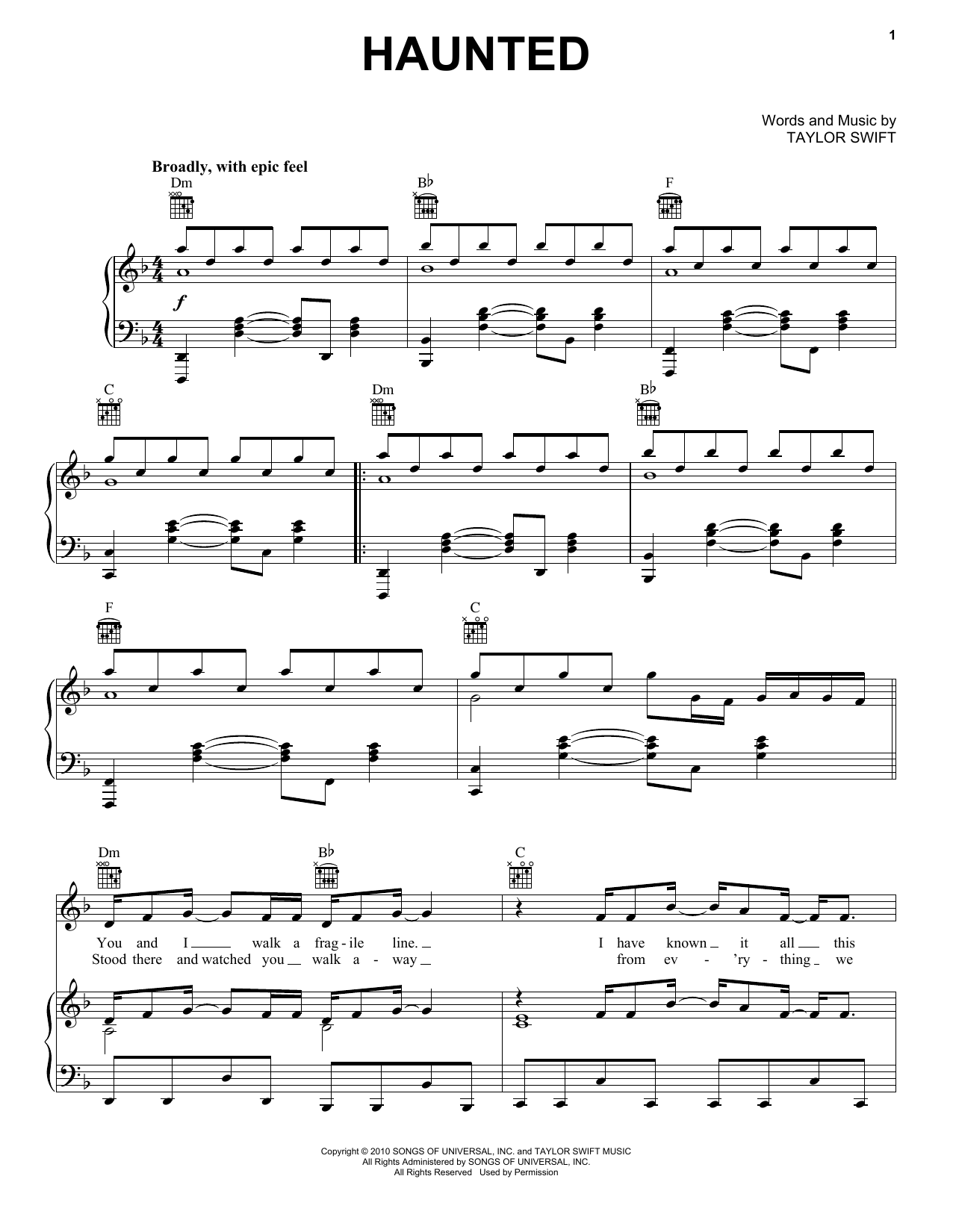 Download Taylor Swift Haunted Sheet Music and learn how to play Lyrics & Chords PDF digital score in minutes