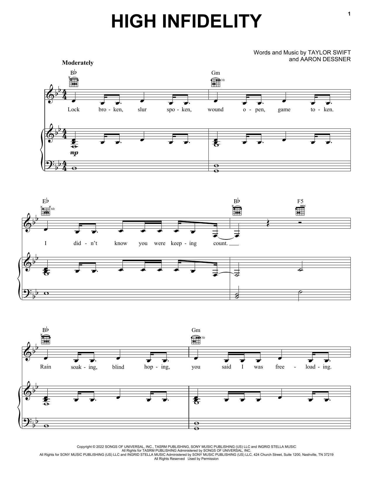 Download Taylor Swift High Infidelity Sheet Music and learn how to play Piano, Vocal & Guitar Chords (Right-Hand Melody) PDF digital score in minutes
