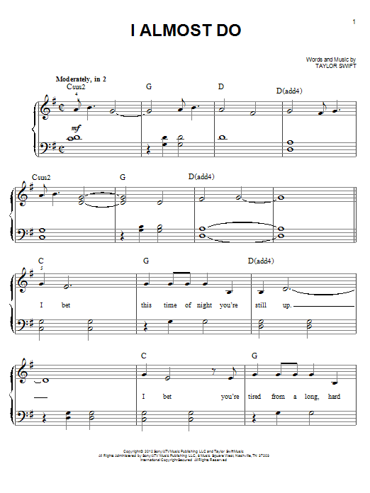 Download Taylor Swift I Almost Do Sheet Music and learn how to play Piano (Big Notes) PDF digital score in minutes