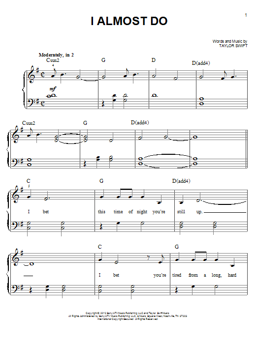 Download Taylor Swift I Almost Do Sheet Music and learn how to play Piano, Vocal & Guitar (Right-Hand Melody) PDF digital score in minutes