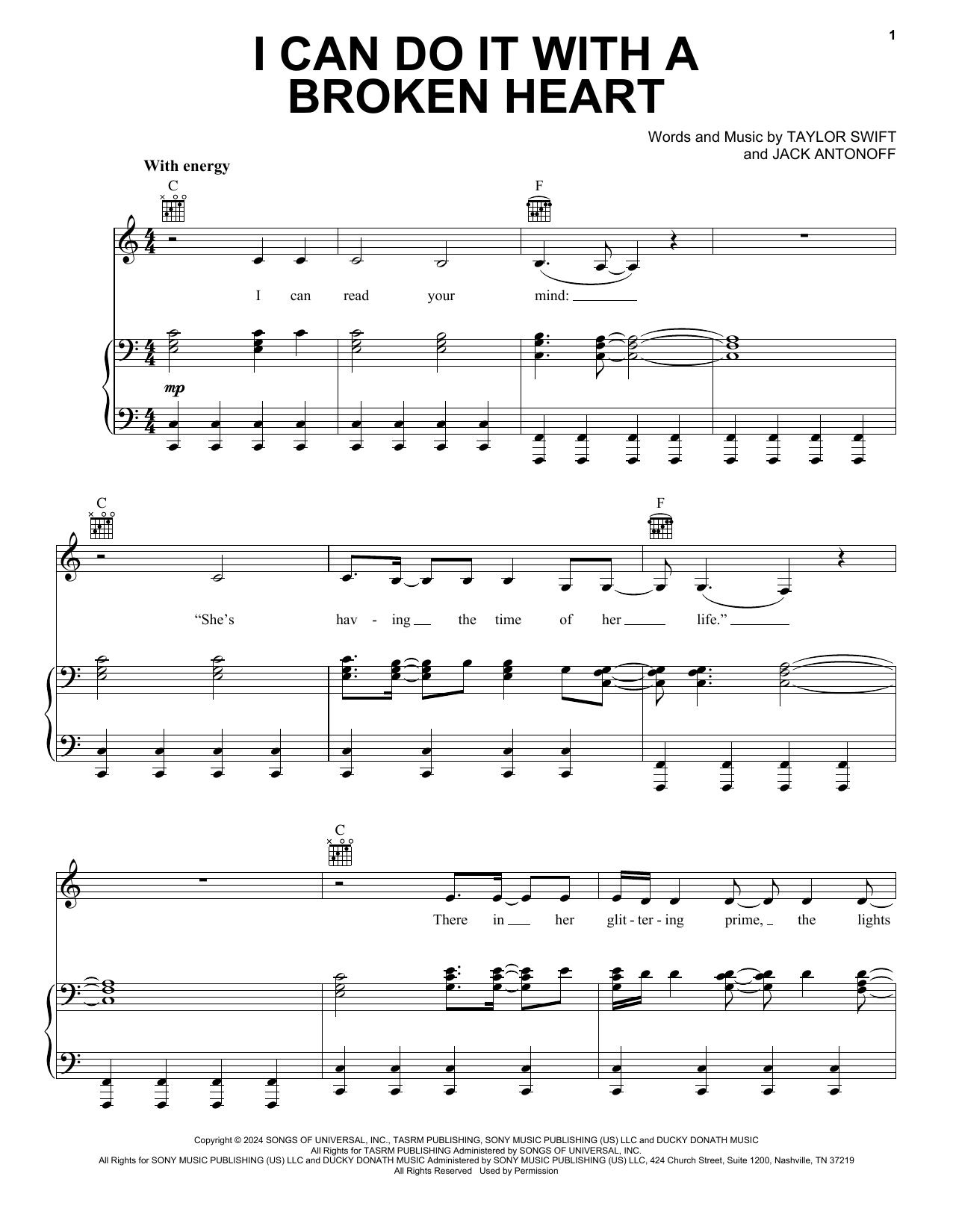 Download Taylor Swift I Can Do It with a Broken Heart Sheet Music and learn how to play Piano, Vocal & Guitar Chords (Right-Hand Melody) PDF digital score in minutes